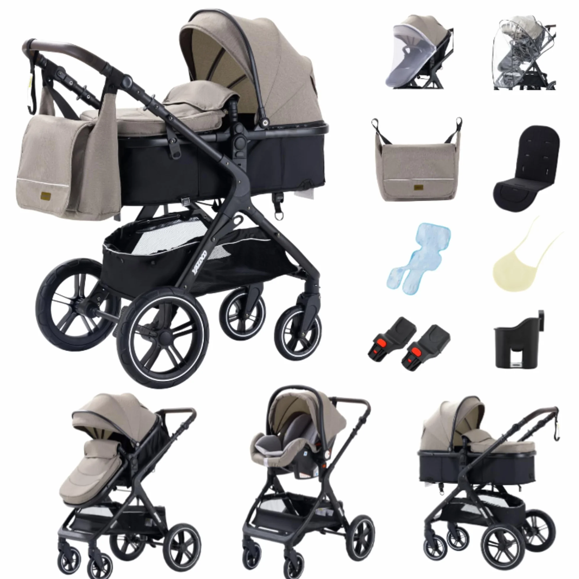 YAZOCO Passeggino Trio 3 in 1 Carrozzina Ovetto Pieghevole Neonato Cachi