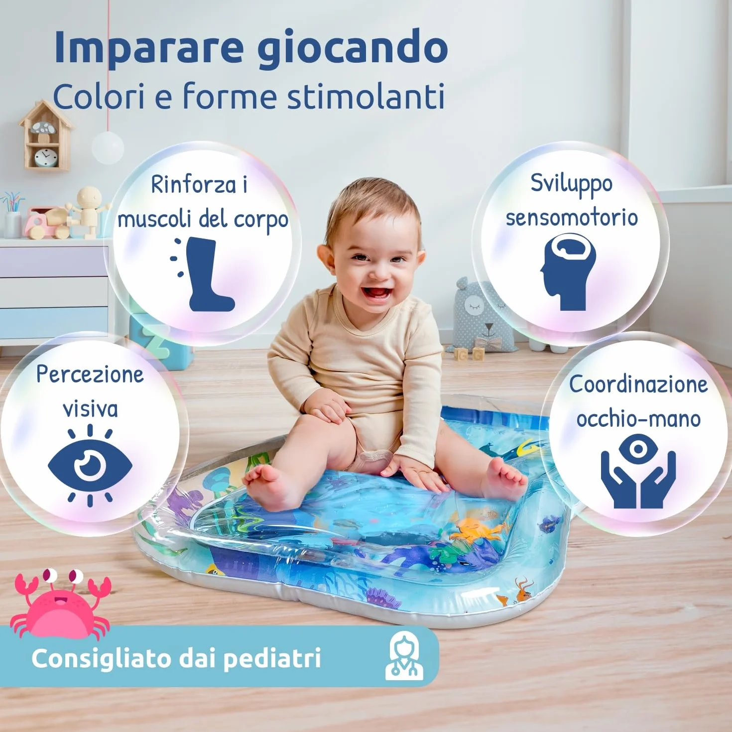 Mallie® Tappetino Tummy Time Neonato Gonfiabile ad Acqua: Giochi Sensoriali 0-3 Mesi