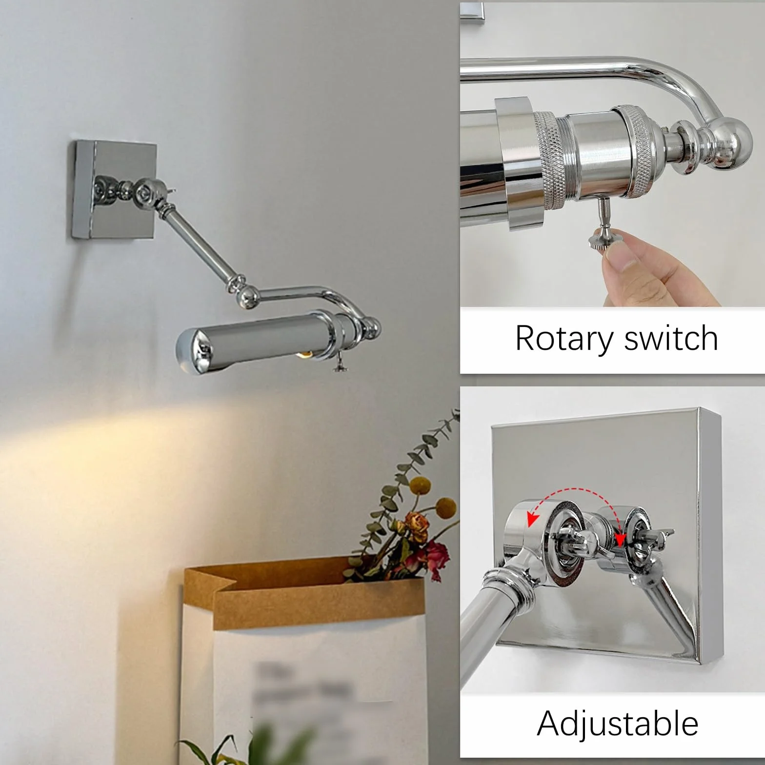 Lampadari da bagno Morden, luci di cortesia cromate for specchio, applique da parete con braccio oscillante regolabile con interruttore, lampada da parete for interni in stile Bauhaus