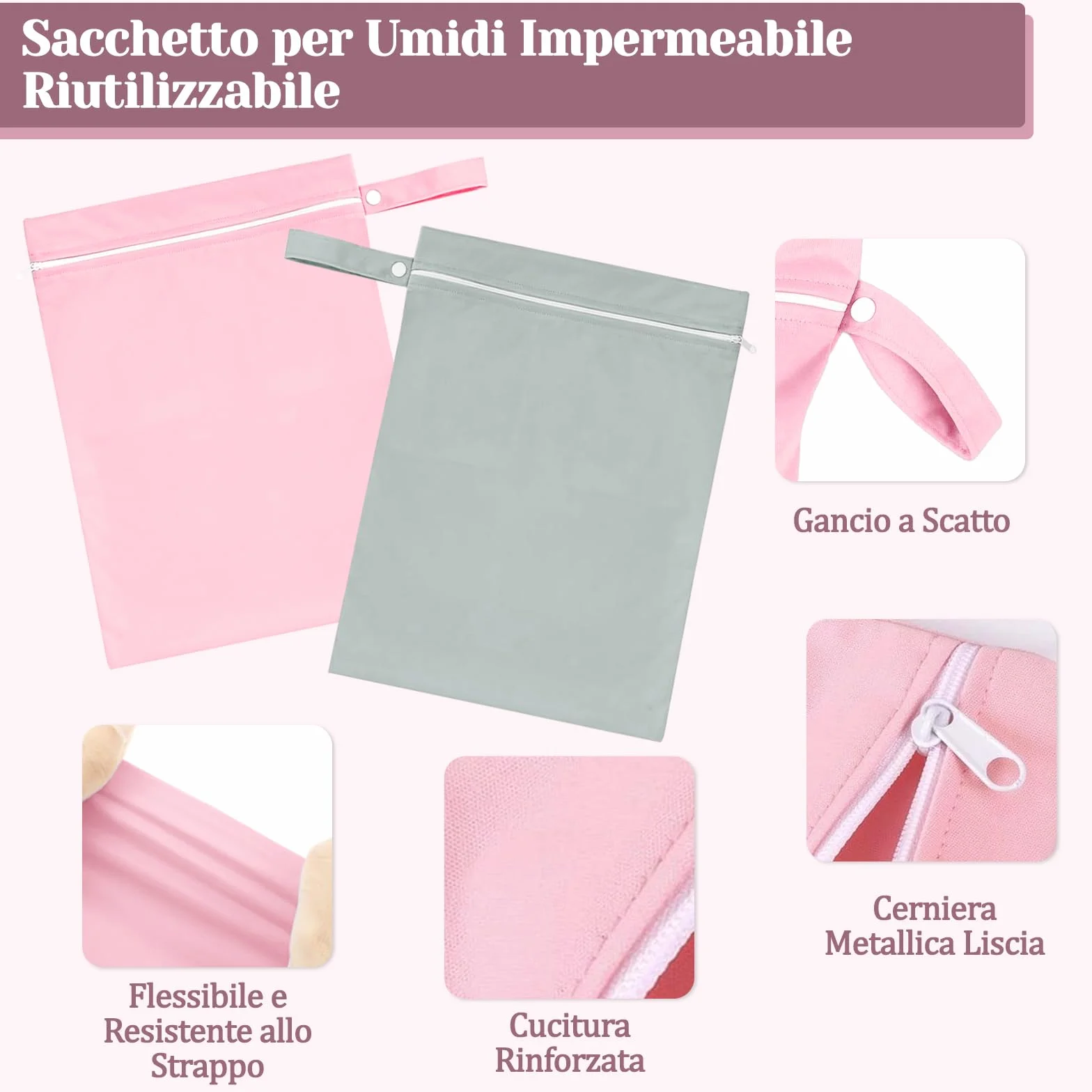 Sacca Impermeabile Wet Bag 40x30 cm Porta Pannolini Salviette Zip Manico Riutilizzabile Pieghevole 2 Pezzi
