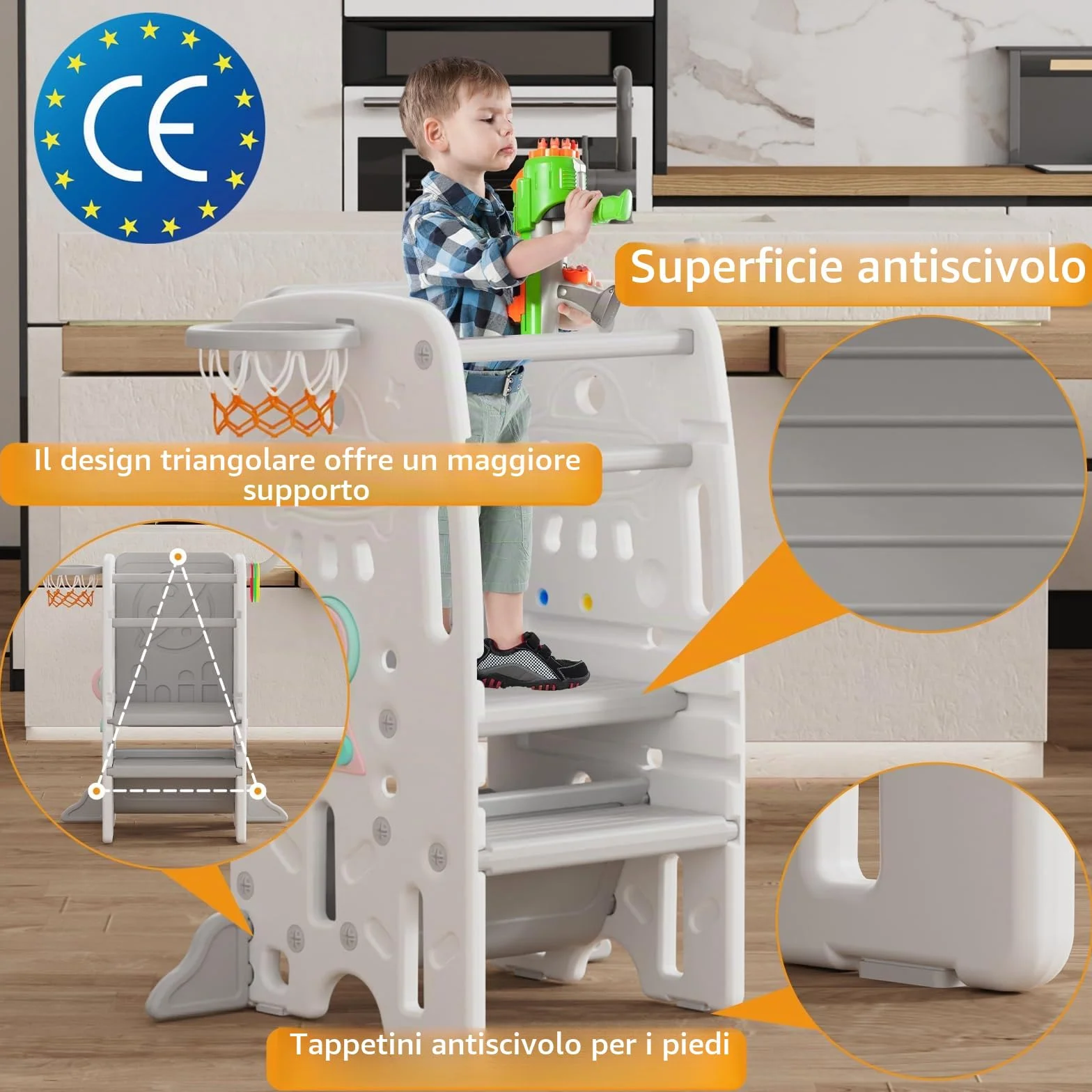 Torre Montessoriana per Bambini Antiribaltamento Regolabile in Altezza Gradini Antiscivolo SST-02