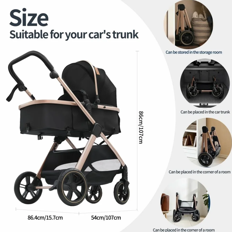 Passeggino 3 in 1 Leggero 0-36 Mesi Nero & Oro Pieghevole Manico in Pelle PU con Zanzariera e Parapioggia