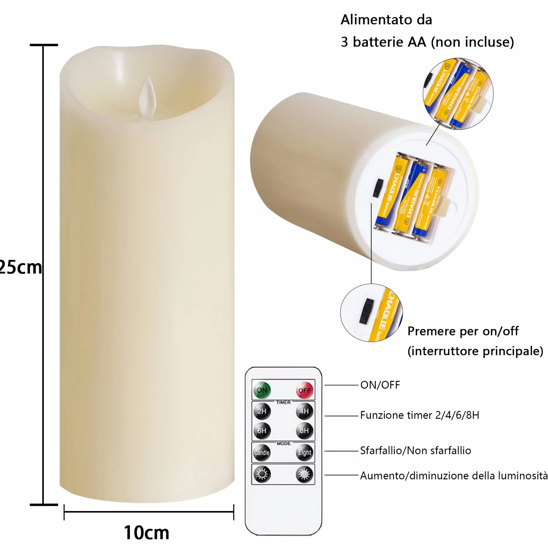 Candele LED Tremolanti Senza Fiamma Con Telecomando - 10 x 25CM, a Batteria, Tempistica, Pilastro di Cera Reale, Avorio - Confezione da 2 Elettriche Finte di Lunga Durata