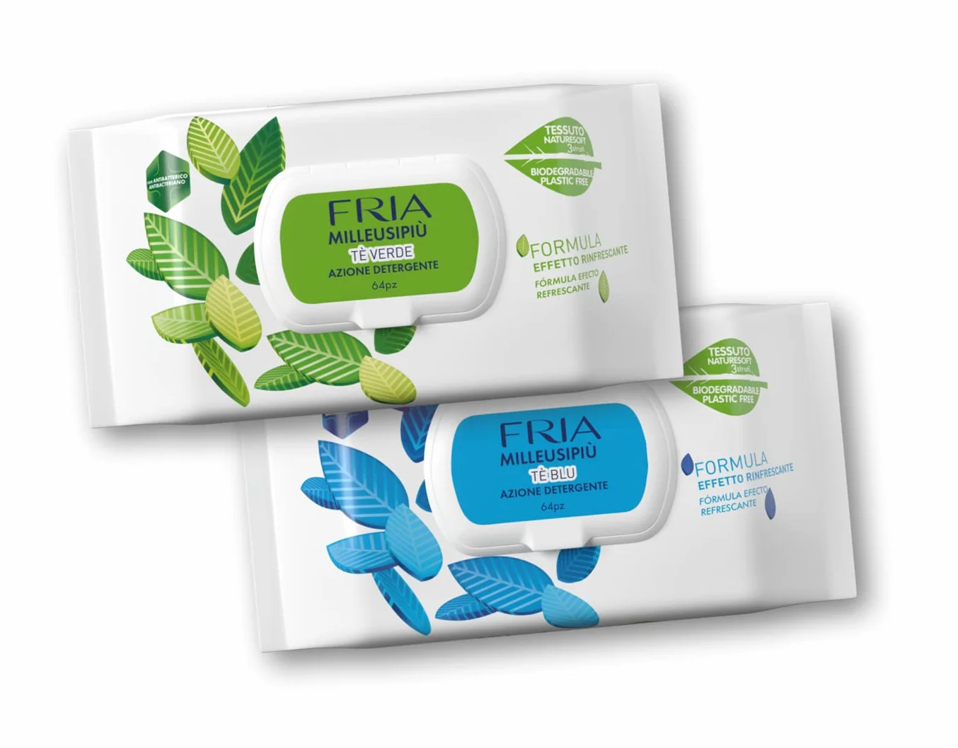 MilleusiPiù Tè Verde & Tè Blu Salviette Multiuso Rinfrescanti Antibatterico Tessuto Fibrasoft 3 Strati Biodegradabile 64 Salviette