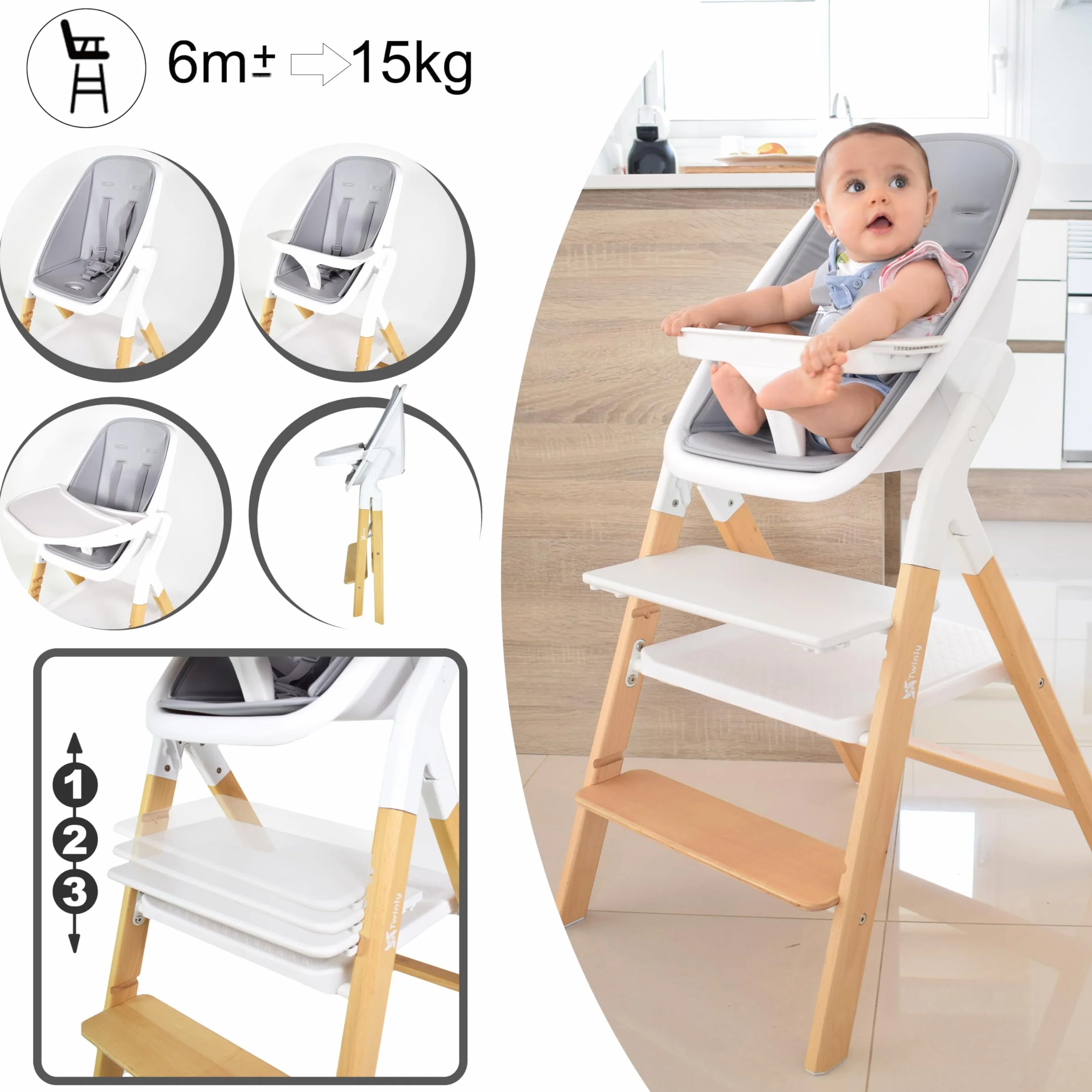 Seggiolone Pappa Evolutivo 5 in 1 Multifunzione Dondolo Torre di Apprendimento Sedia Pieghevole Ergonomica Legno di Faggio Alaia