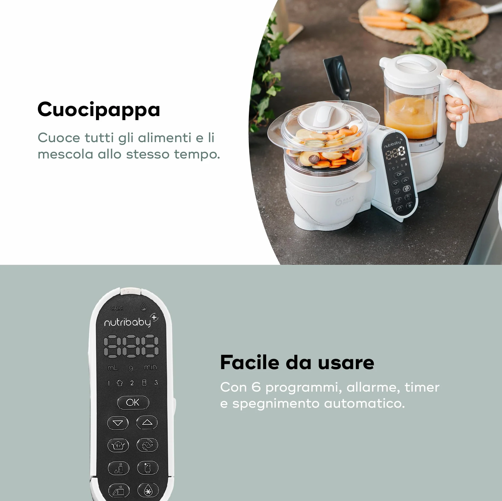 Babymoov Nutribaby(+) Cuocipappa 6 in 1, cuocivapore, frullatore, grande capacità, batchcooking - Mineral Beige