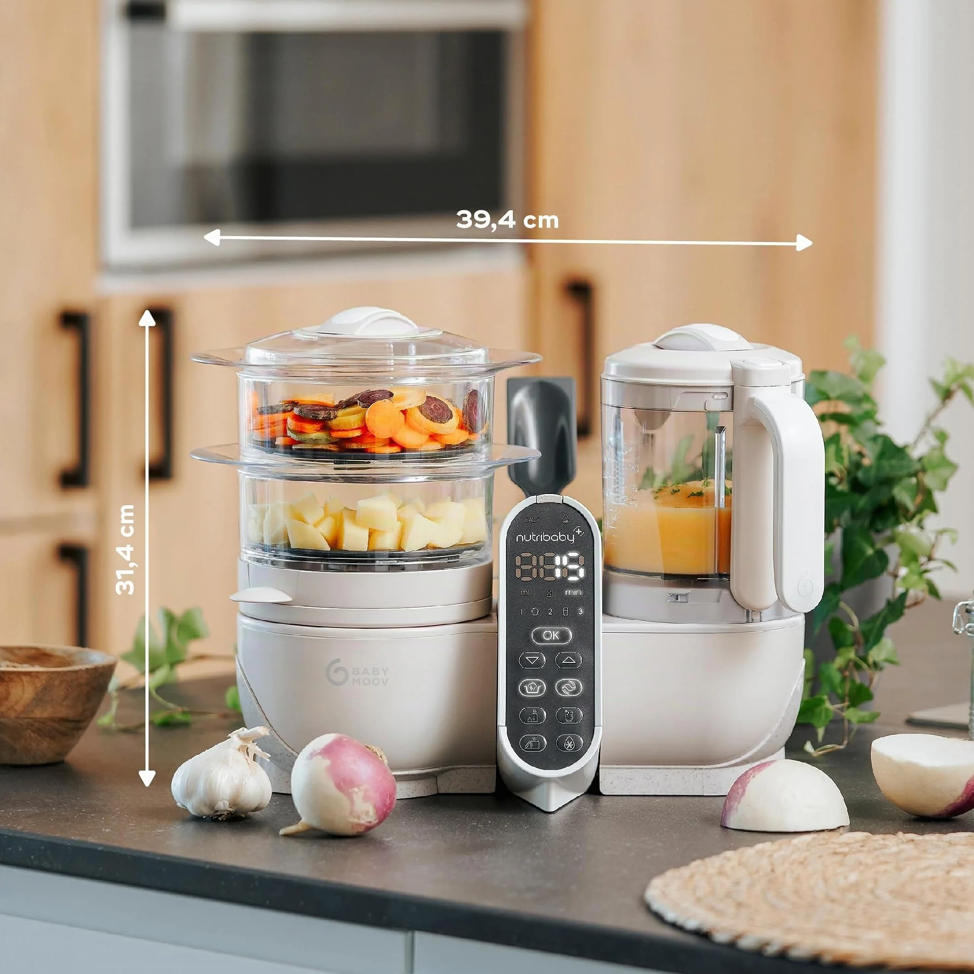 Babymoov Nutribaby(+) Cuocipappa 6 in 1, cuocivapore, frullatore, grande capacità, batchcooking - Mineral Beige
