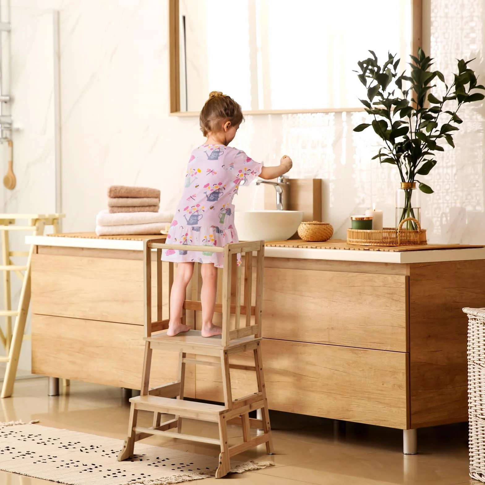 COSYLAND Torre Montessoriana per Bambini 18-36 Mesi - Torre di Apprendimento con Struttura a A Antiribaltamento, Legno Naturale