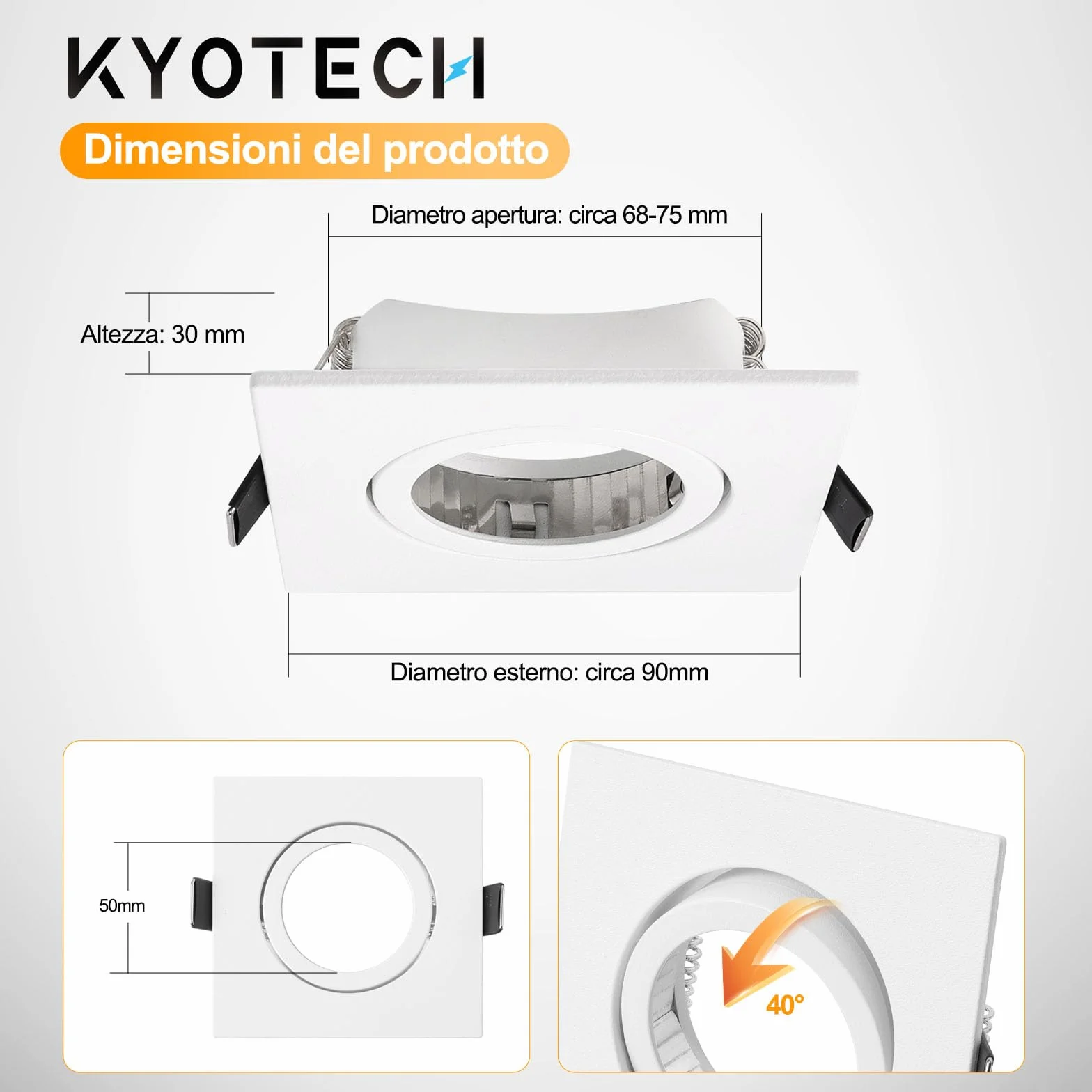 KYOTECH Cornice Faretto Incasso GU10 Orientabile Portafaretto da Incasso Bianco,Per GU10, alogeno e MR16, Faretti led da incasso per cartongesso incl. portalampada,Set da 6 (Quadrata)