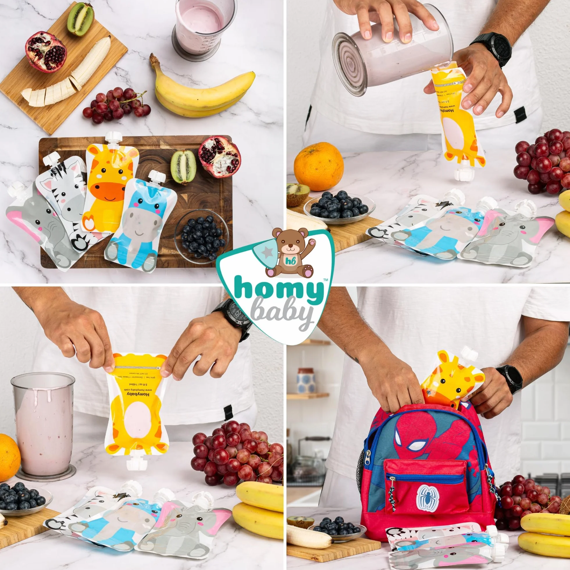 HOMYBABY® Sacchetti riutilizzabili per alimenti per bambini 4 pezzi - Sacchetti di frutta per alimentazione complementare bebè