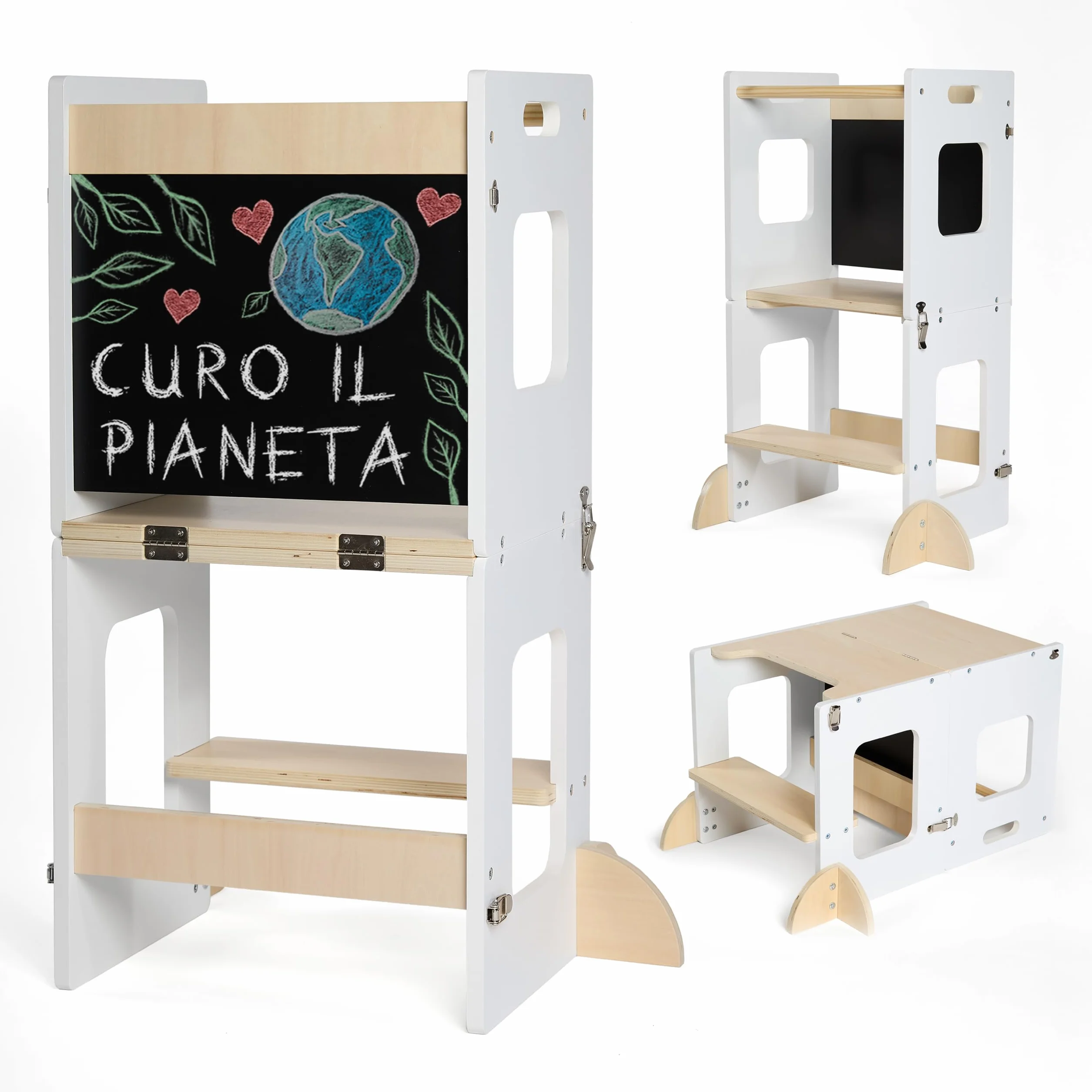 Torre Montessoriana Bambini 3 in 1 con Lavagna e Gambe di Sicurezza Scrivania Pieghevole Legno Sostenibile