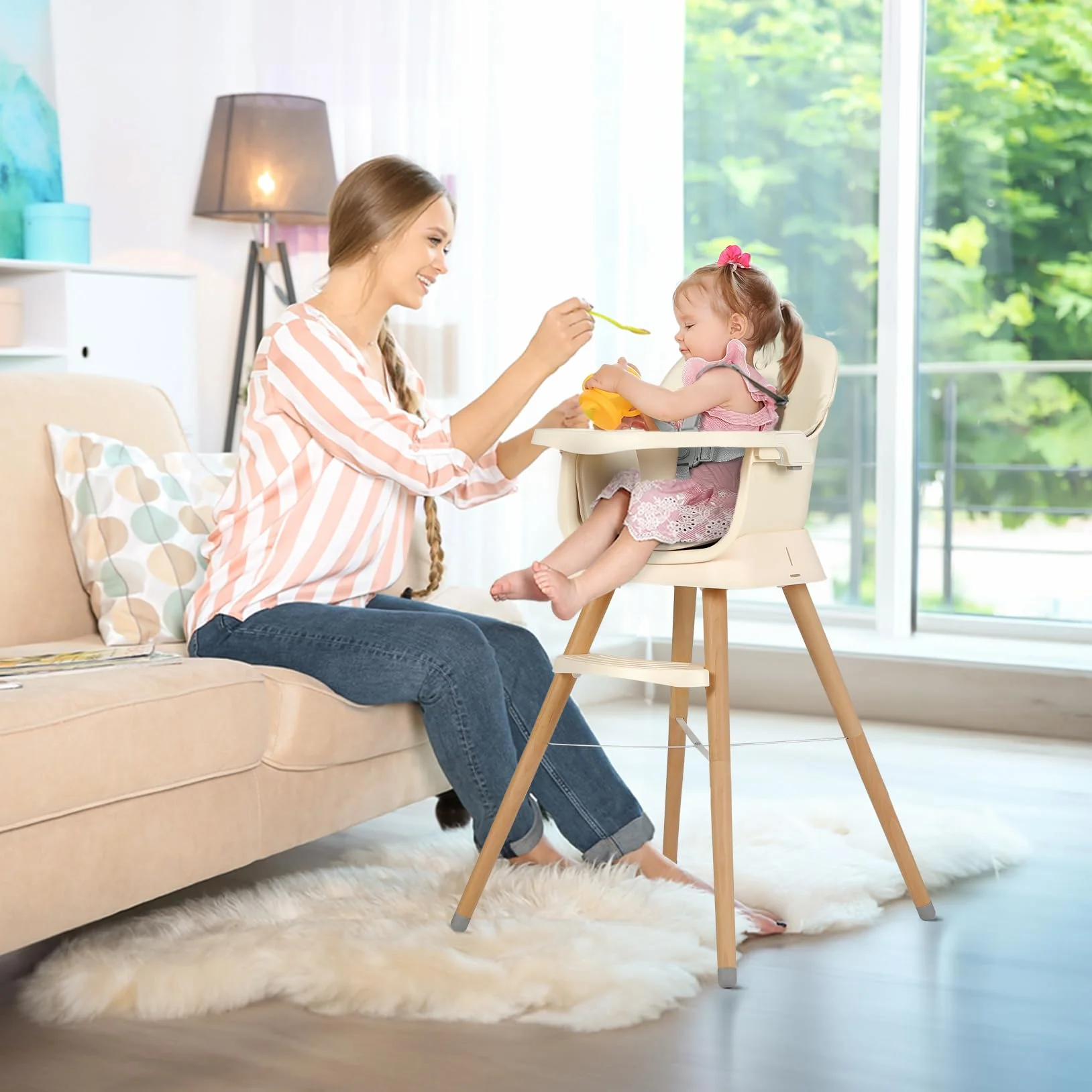 Seggiolone Pappa 6 in 1 Convertibile in Rialzo Sedia Bambino con Gambe in Legno, Cintura 5 Punti, Vassoio Rimovibile, Beige