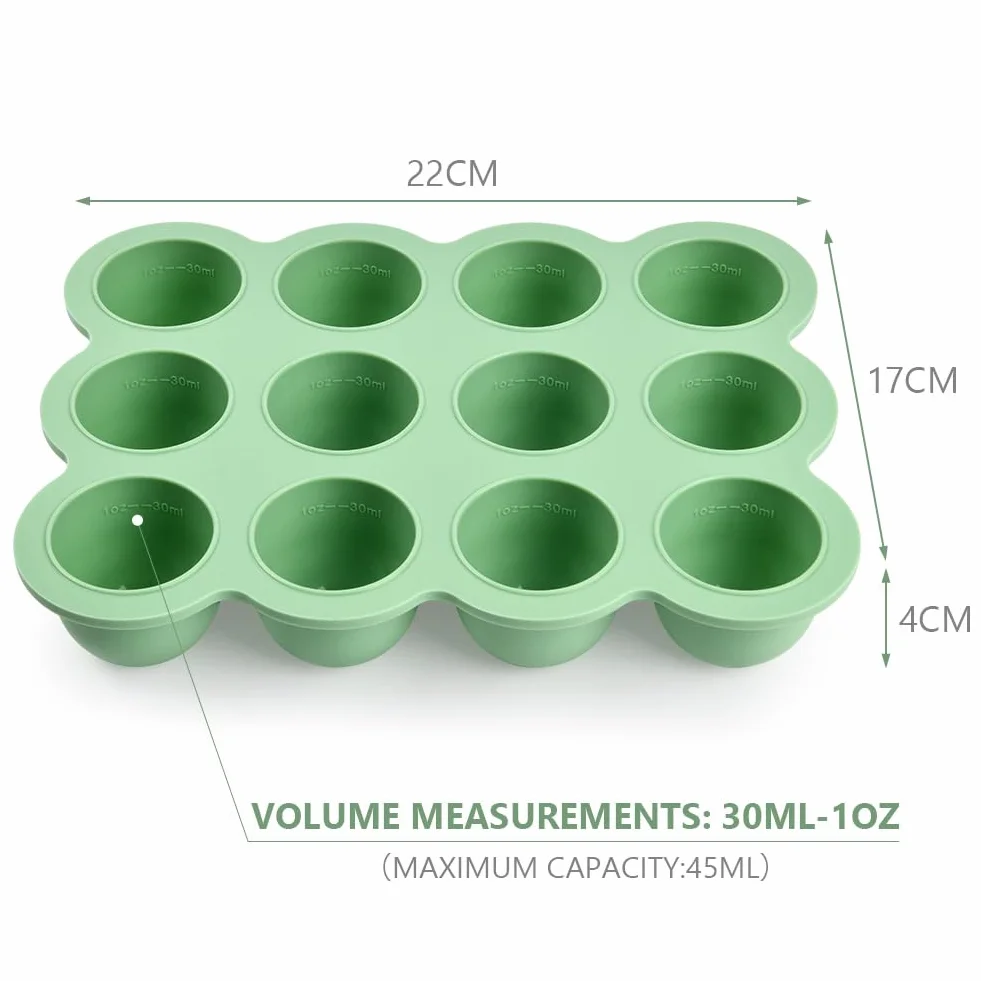 Aolso Contenitore in Silicone 12 Scomparti 45ml Stampi Pappa Freezer Senza BPA Vassoio Alimenti Coperchio Rimovibile Verde