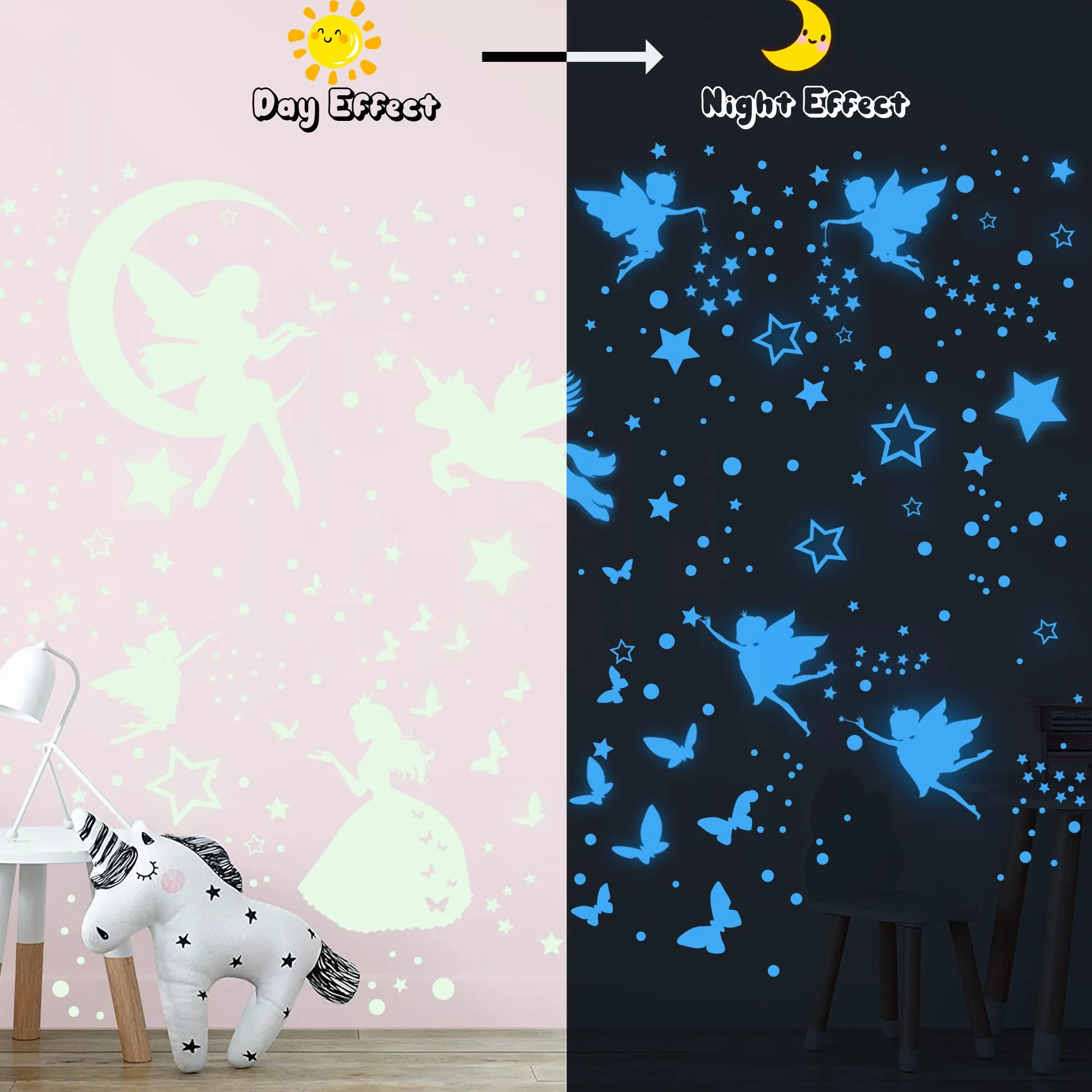 Adesivi Murali Unicorno Stelle Fluorescenti Luminose per Cameretta Bambine Decorazioni
