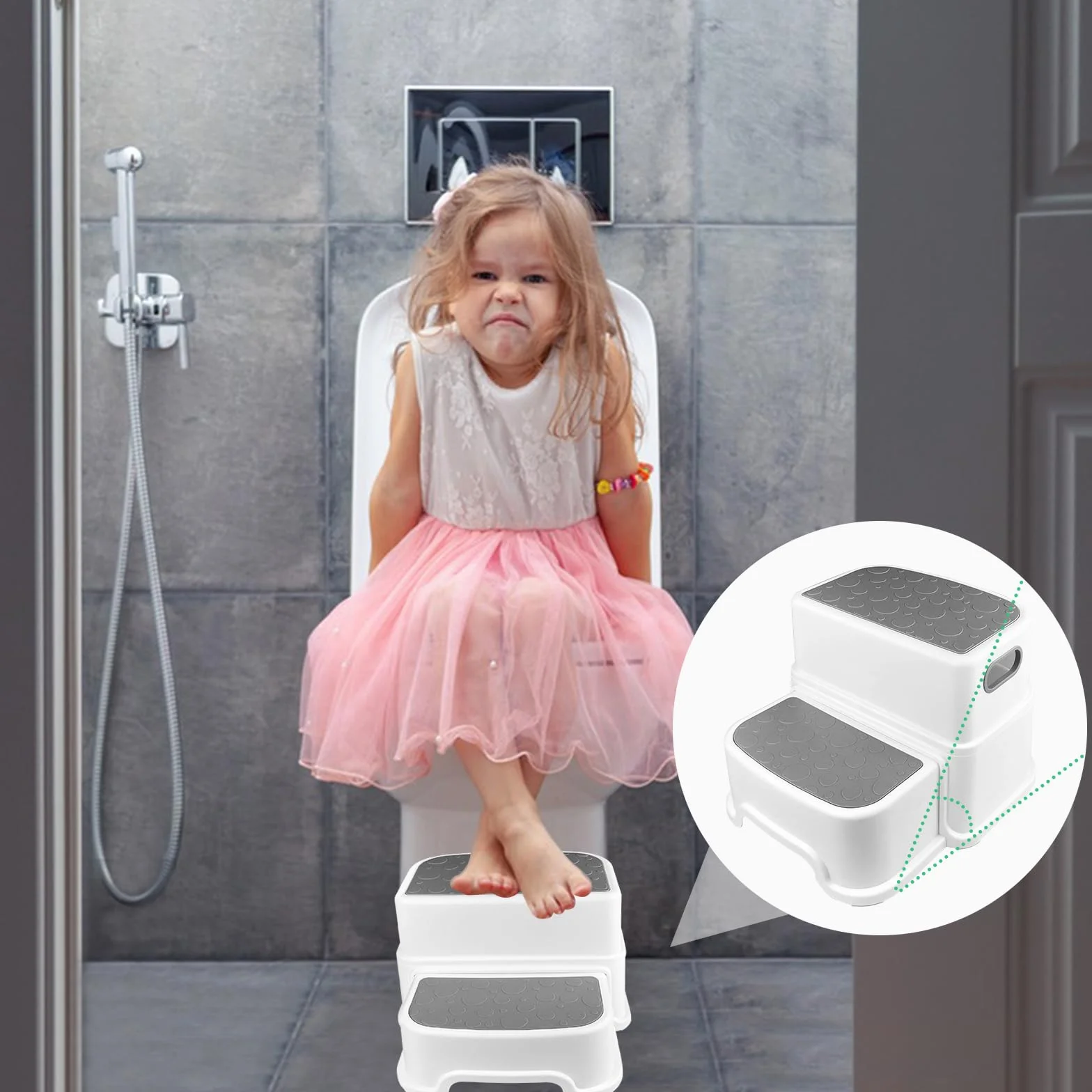 Maxentico Sgabello Bambini 2 Gradini Antiscivolo Scaletta WC Rimovibile Gradino Bagno Grigio