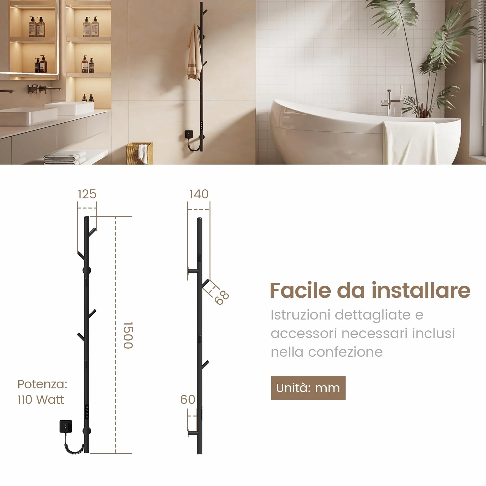 EMKE Scaldasalviette Elettrico da Bagno, Portasalviette Riscaldato con 6 Ganci, Nero