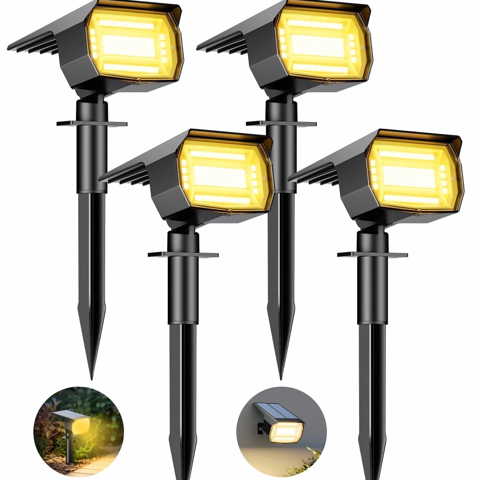 btfarm 4 Pezzi 72LED Faretti Solari a LED da Esterno, 3 Livelli di Luminosità Lampade Luci Solari da Giardino Potenti, IP65 Impermeabile Lampada Lampioni Solare per Cortile, Alberi, Bianco Caldo