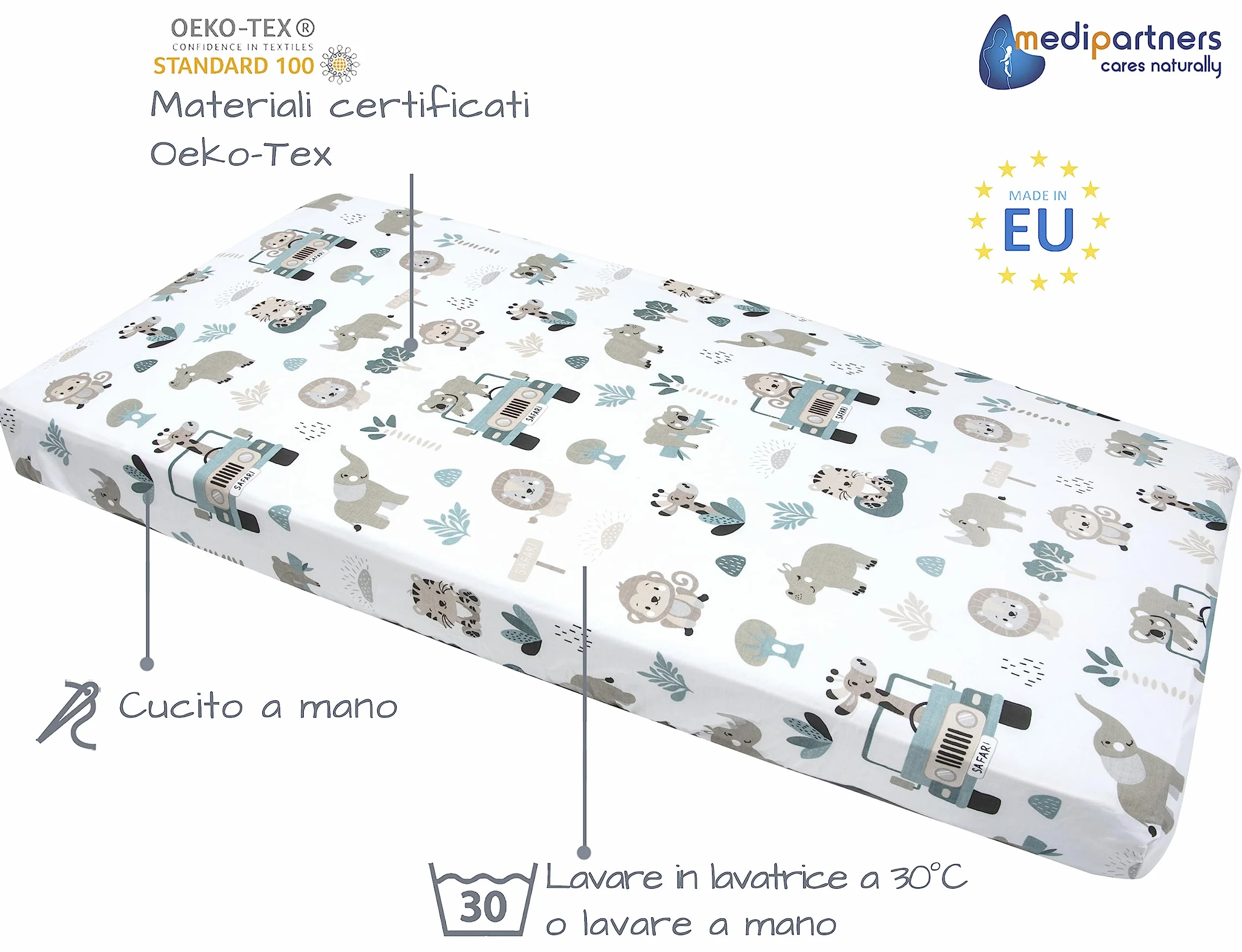 Medi Partners Lenzuola Lettino Set 3 Neonato 60x120 100% Cotone Lenzuolo con Angoli Culla Coprimaterasso Fitted Sheet Bambino Zoo Di Menta-Bianco-Grigio