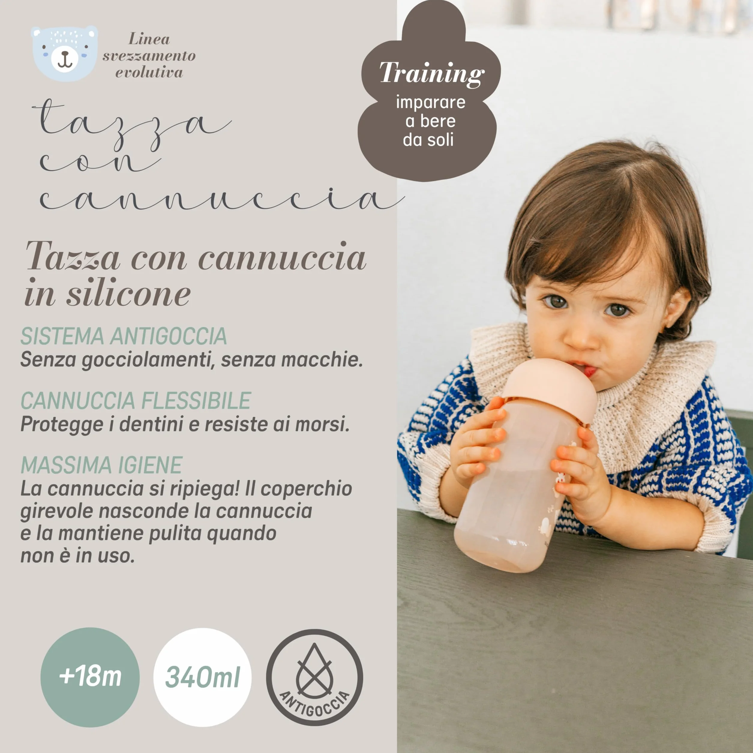 Suavinex Bicchiere Evolutivo Neonati 18 Mesi Cannuccia Silicone Morbido Flessibile Anti-fuoriuscita Anti-gocciolamento Coperchio 340 ml Wild&Free Rosa