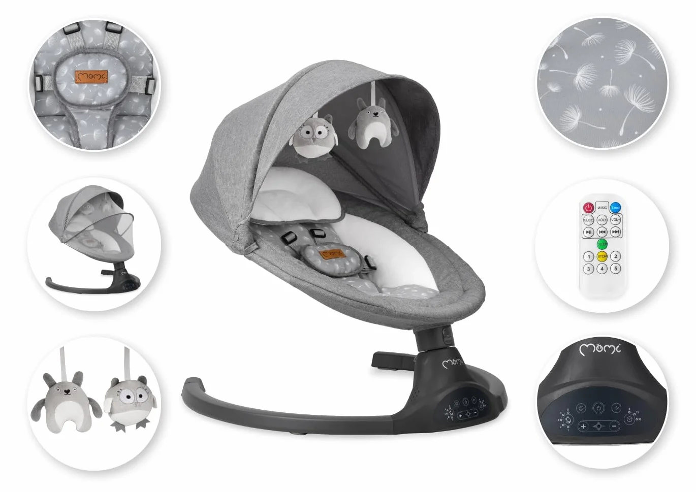 MoMi KENANI Sdraietta per bambini pieghevole 9 kg telecomando Bluetooth cintura sicurezza 5 punti