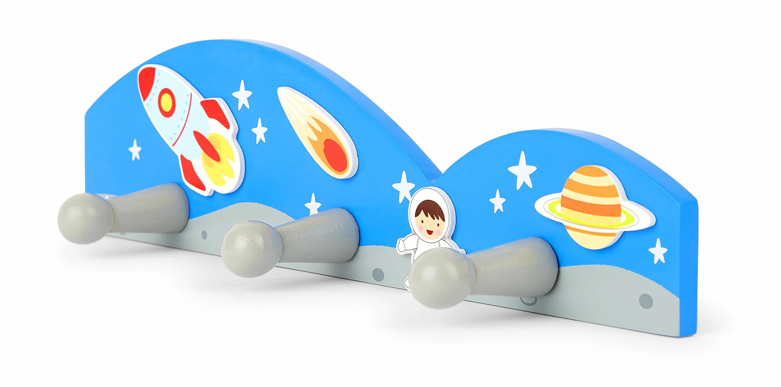 Appendiabiti in legno con 3 ganci per bambini tema razzo spaziale