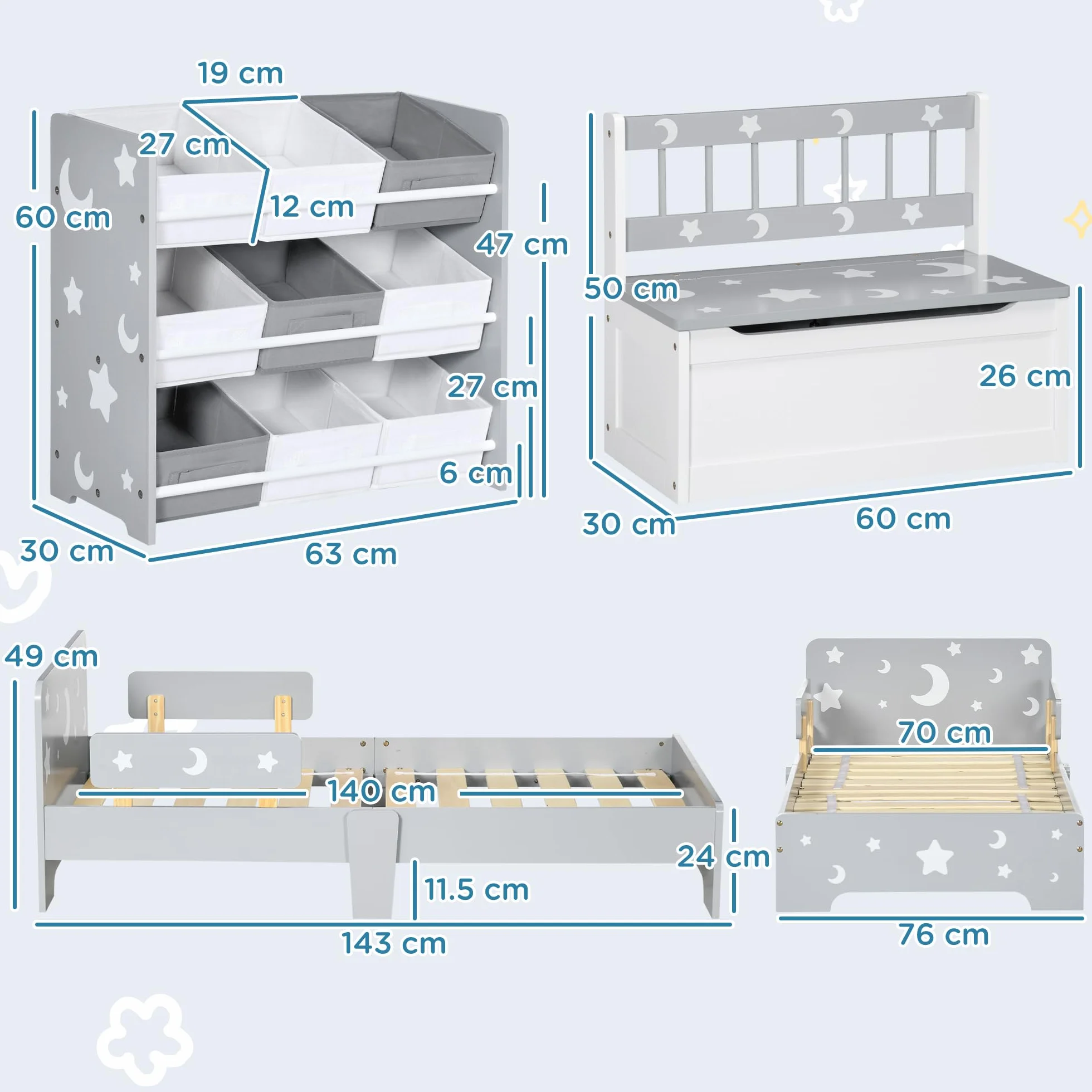ZONEKIZ Set per Bambini 3-6 Anni con Lettino 143x76x49 cm, Mobile Portagiochi 63x30x60 cm e Cassapanca 60x30x50 cm, Grigio