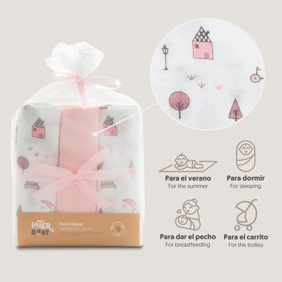 INTERBABY Set di 3 Mussole di Bambù MOON rosa per neonati 55x70 cm