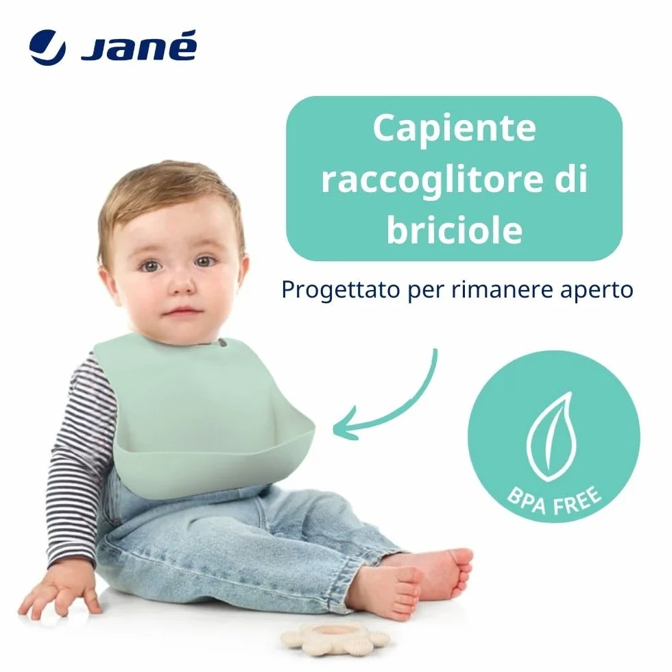 Jané Bavaglino in Silicone per Neonati, Arrotolabile, Impermeabile, Regolabile 4 Posizioni, Senza BPA, Rosa