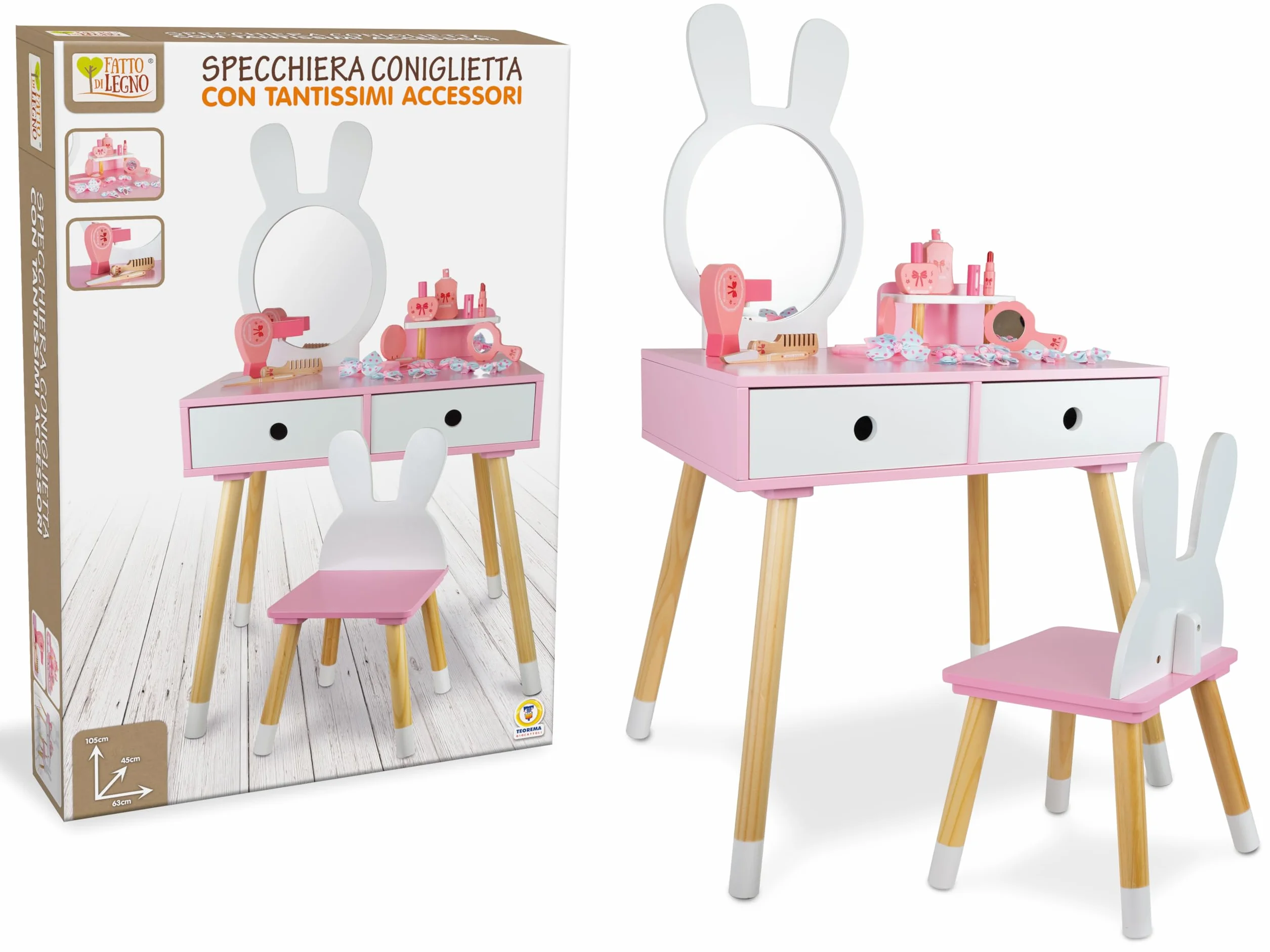 Teorema Giocattoli Postazione Trucco Bambina Grande Toeletta Legno Coniglietta Sgabello Specchio Accessori Make Up Cameretta