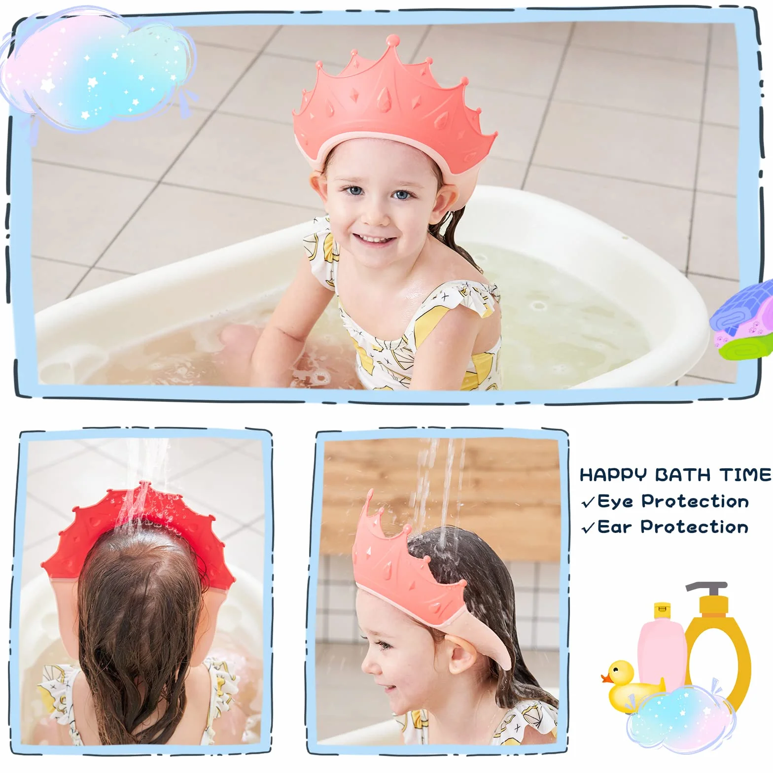 Cuffia da doccia per bambini regolabile impermeabile, protezione shampoo senza lacrime, 0-9 anni (rosso)