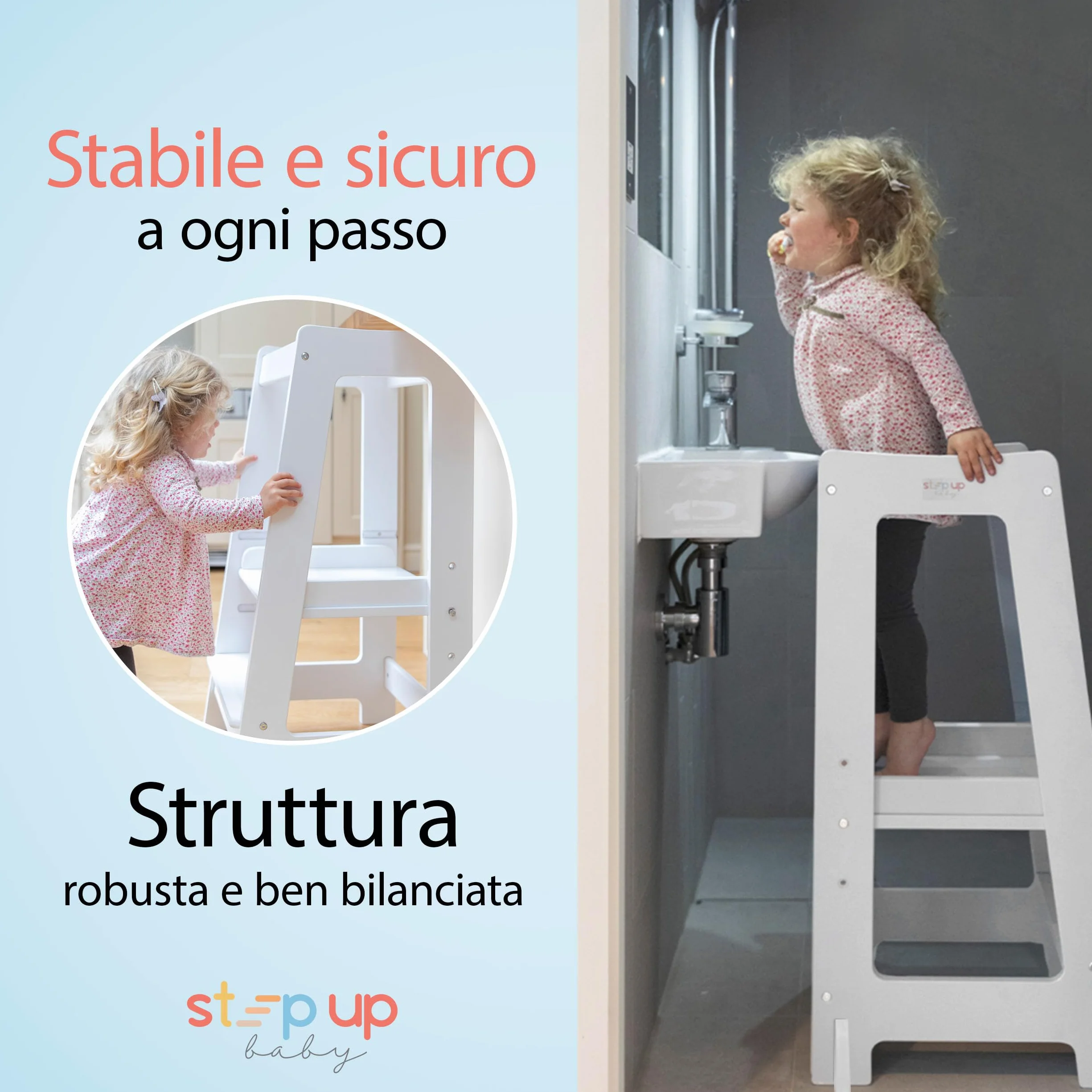 Stepup Baby Torre Montessoriana 3 Altezze Regolabili Torre di Apprendimento Ringhiera Sicurezza Bianco