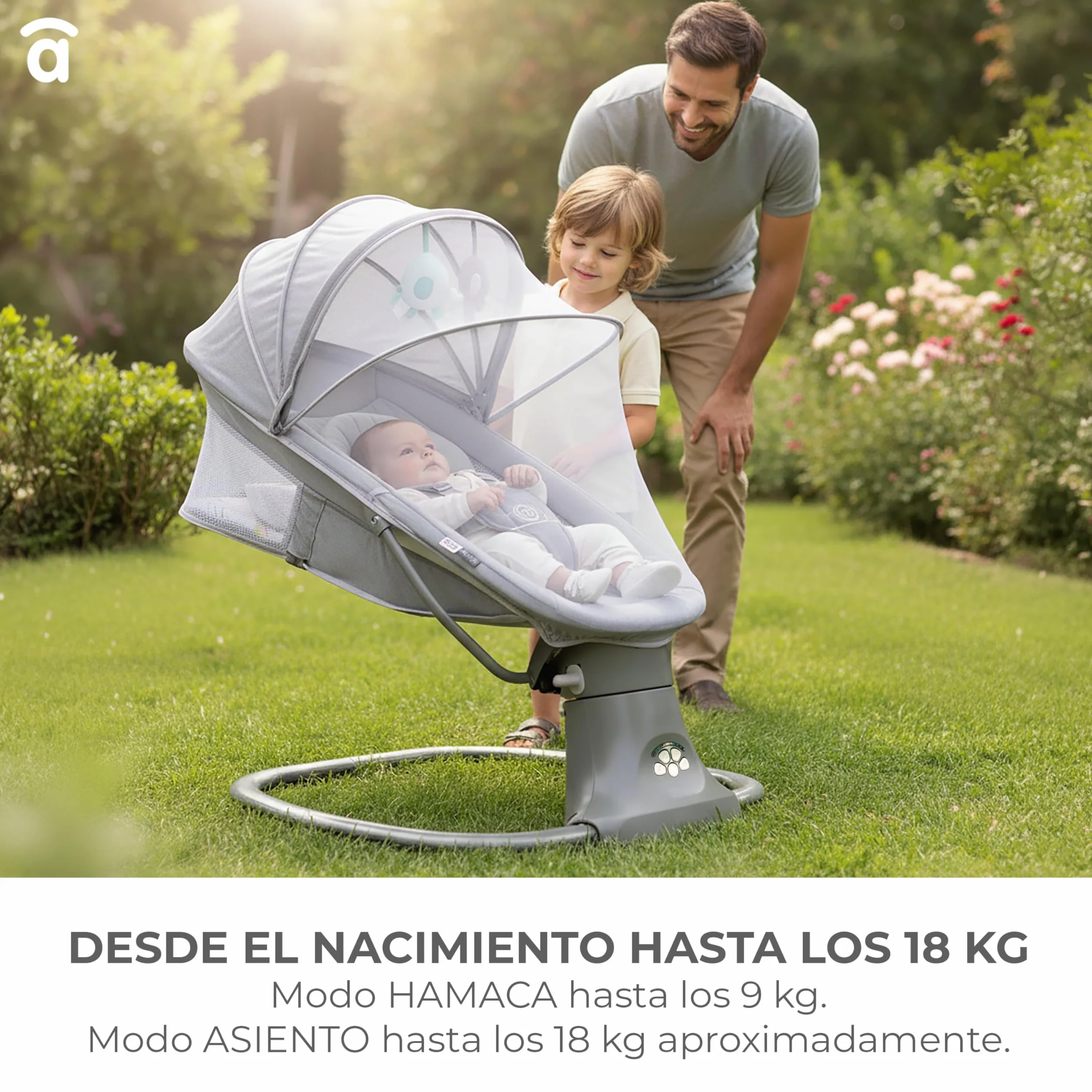 Amaca a dondolo con musica Bluetooth oscillazione automatica 5 livelli tettuccio zanzariera giocattolo poggiatesta 0 mesi 9 kg tessuto lavabile