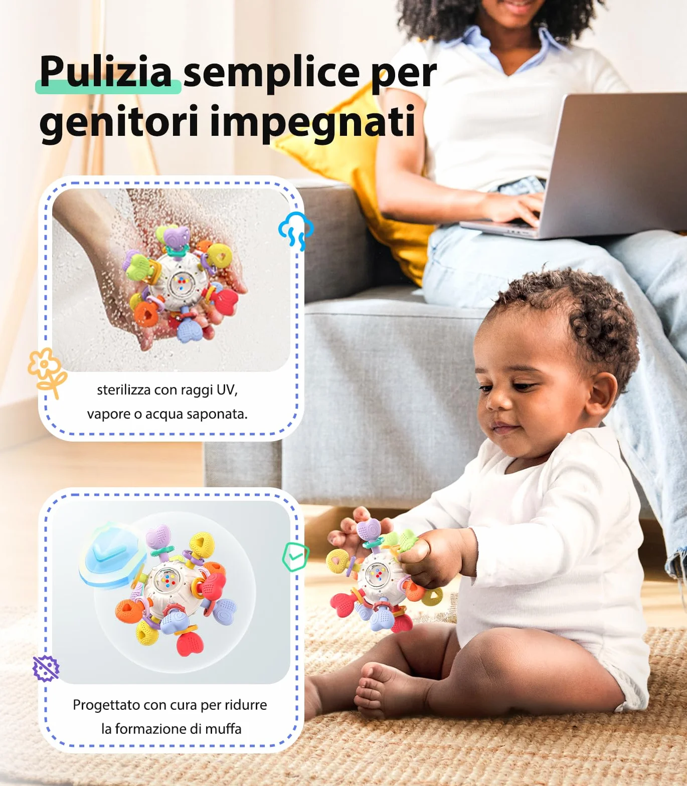 Infinno Sonaglio Dentizione Neonato 0-12 Mesi, Gioco Sensoriale Montessori in Silicone Alimentare
