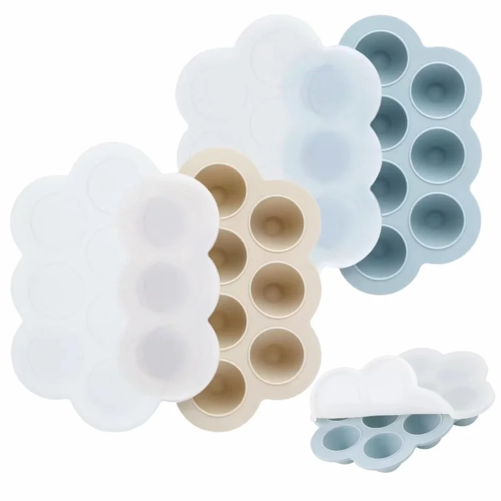 PandaEar Set di 2 Vaschette per Congelare Alimenti per Bambini in Silicone con Coperchi - Blu/Marrone