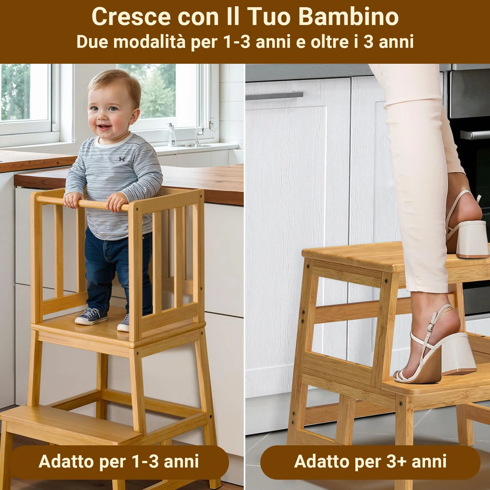 COSYLAND Torre Montessoriana Bambini A Forma di A con Pedana Centrale Rinforzata Bambù Naturale