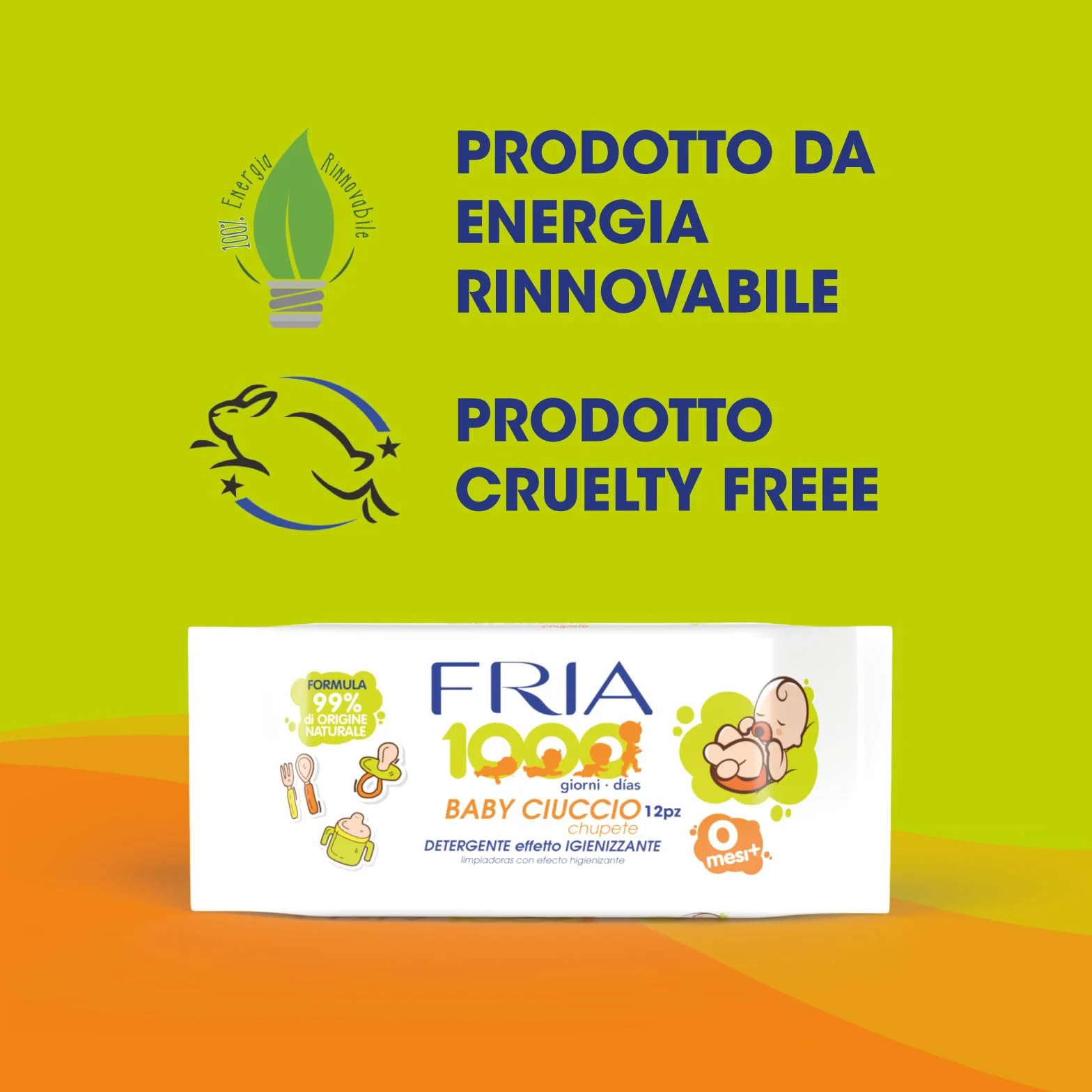 Fria Baby Ciuccio Salviette Pulisci Ciuccio Biberon Tettarelle Azione Igienizzante 99% Origine Naturale Confezione Borsa 12 Salviette