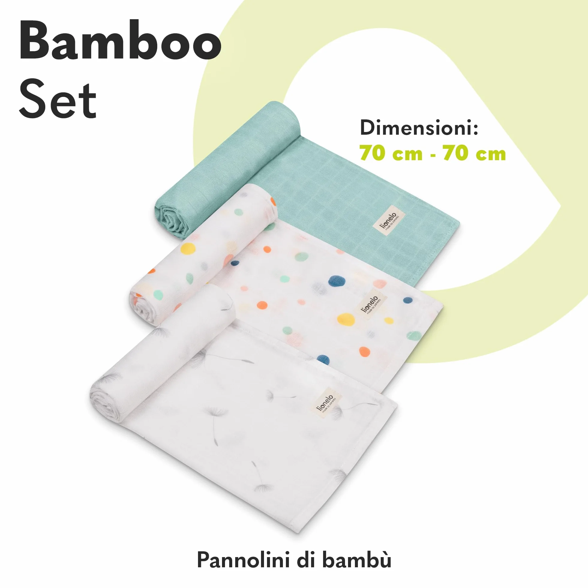 Lionelo Bamboo Set 3 Pezzi Mussole Neonato 70x70 cm Cotone Bambù 100% Naturale Antibatteriche Antimicotiche Ipoallergeniche