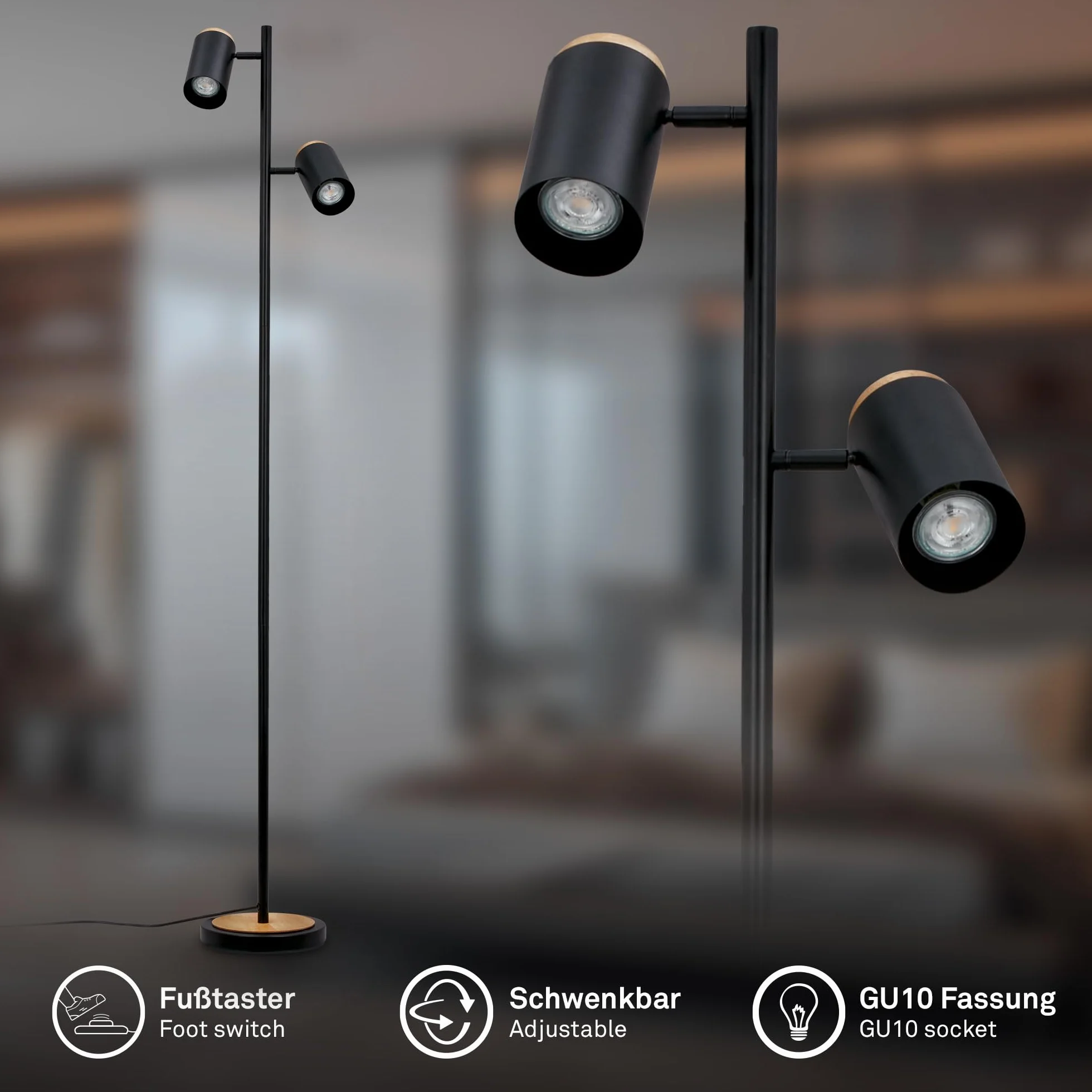 BRILONER - Lampada da terra con interruttore a cavo, faretti orientabili, 2x attacco GU10, piantana lampada da terra, lampada da terra salotto, lampada soggiorno da terra, 26x26x159,5 cm, nero-legno