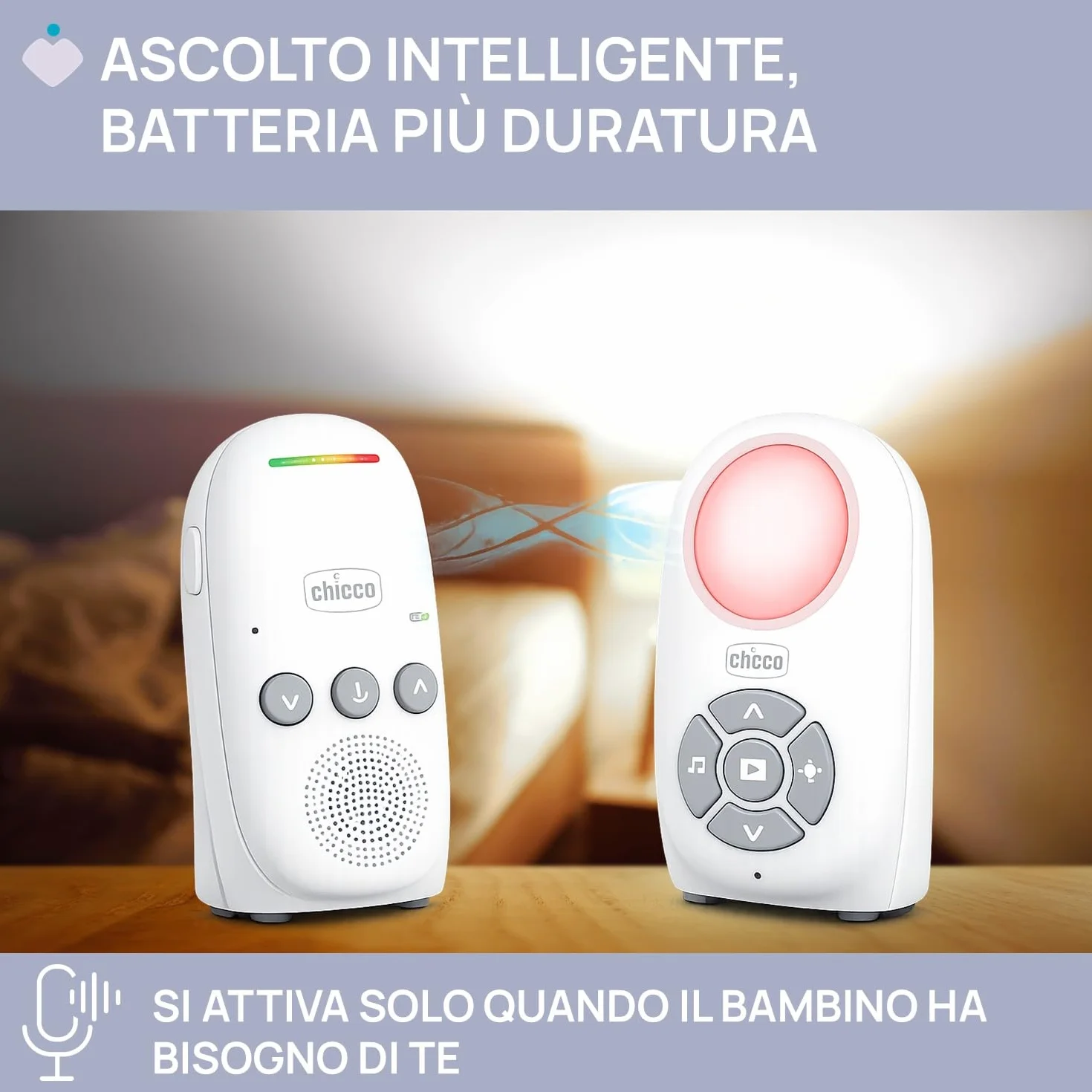Chicco Audio Baby Monitor Digitale DECT, Komunikacja Dwukierunkowa, 5 Kołysanek, Tryb VOX, Zasięg Daleki