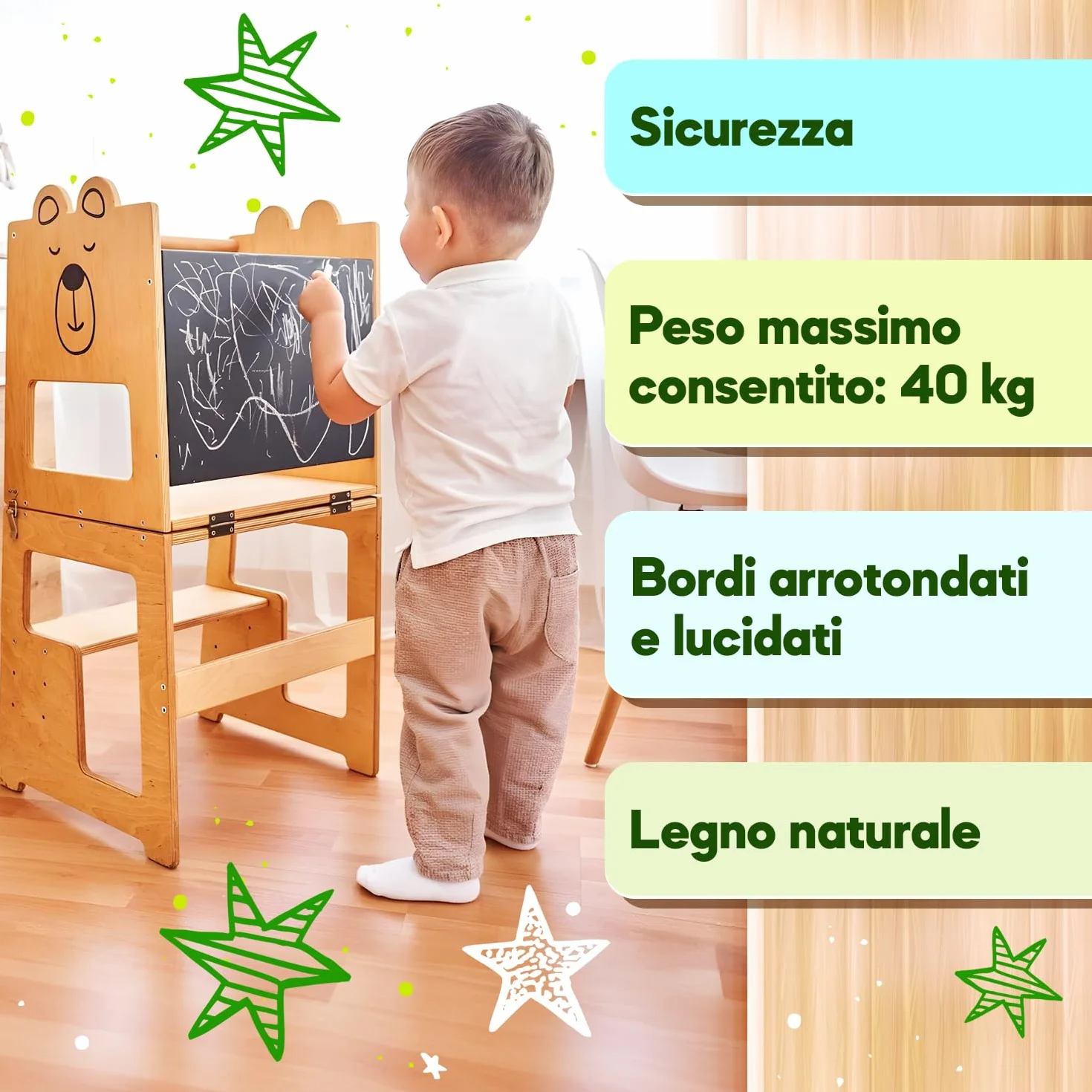 Torre Montessoriana 3-in-1 in Legno Naturale per Bambini da 1 Anno con Lavagna, Tavolo e Sedia, Sgabello Cucina e Bagno