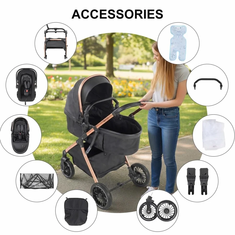 Passeggino 3 in 1 pieghevole reclinabile per neonati e bambini piccoli, ruote per tutti i terreni, con accessori (Nero)