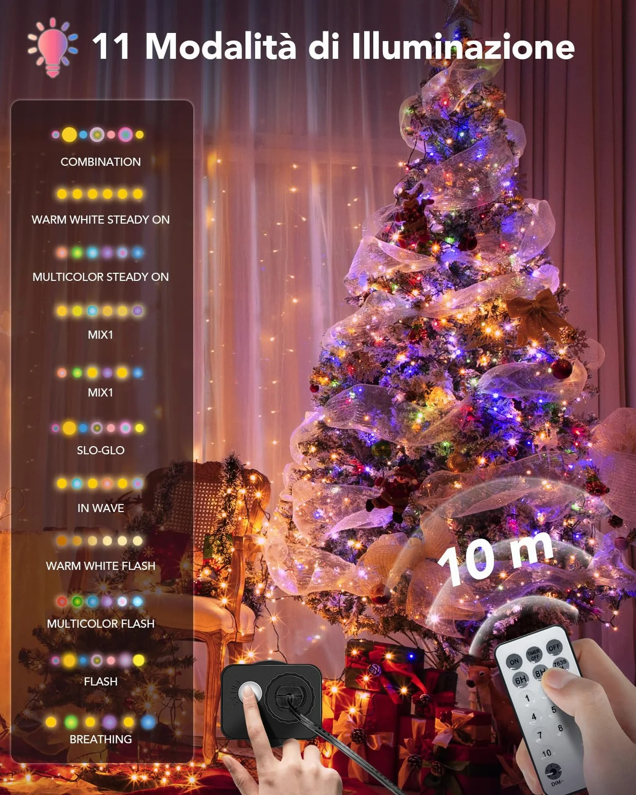 Luci Albero di Natale Colorato e Bianco Caldo 30M 300LED con Telecomando RF,Luci Natale 11 Modalità & 4 Luminosità, Timer e Memoria Luci Esterne Natalizie per Albero Balcone Giardino