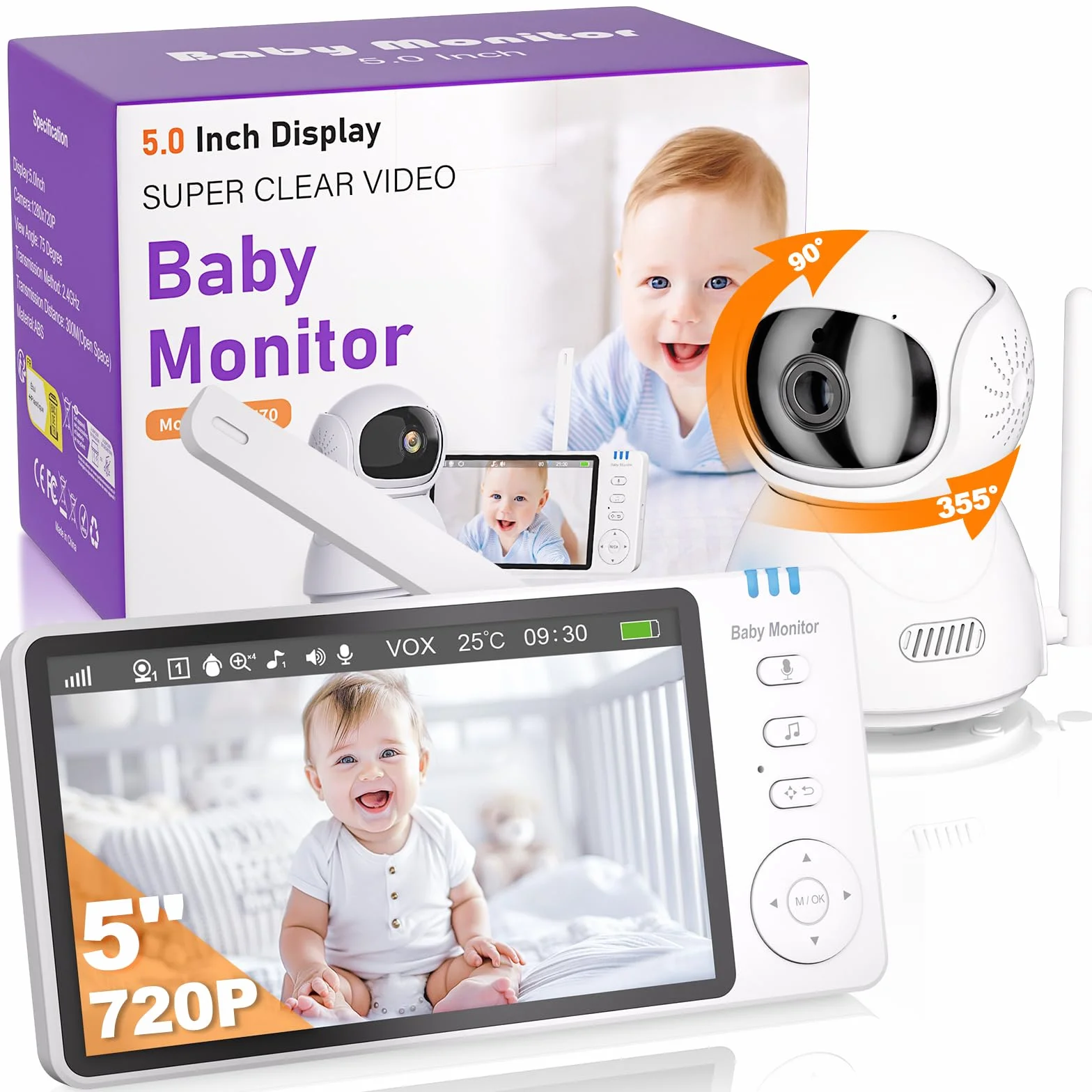 Baby Monitor Video e Audio, Babyphone 5 Pollici 720P HD Zoom Digitale, VOX, Visione Notturna, Monitoraggio Temperatura