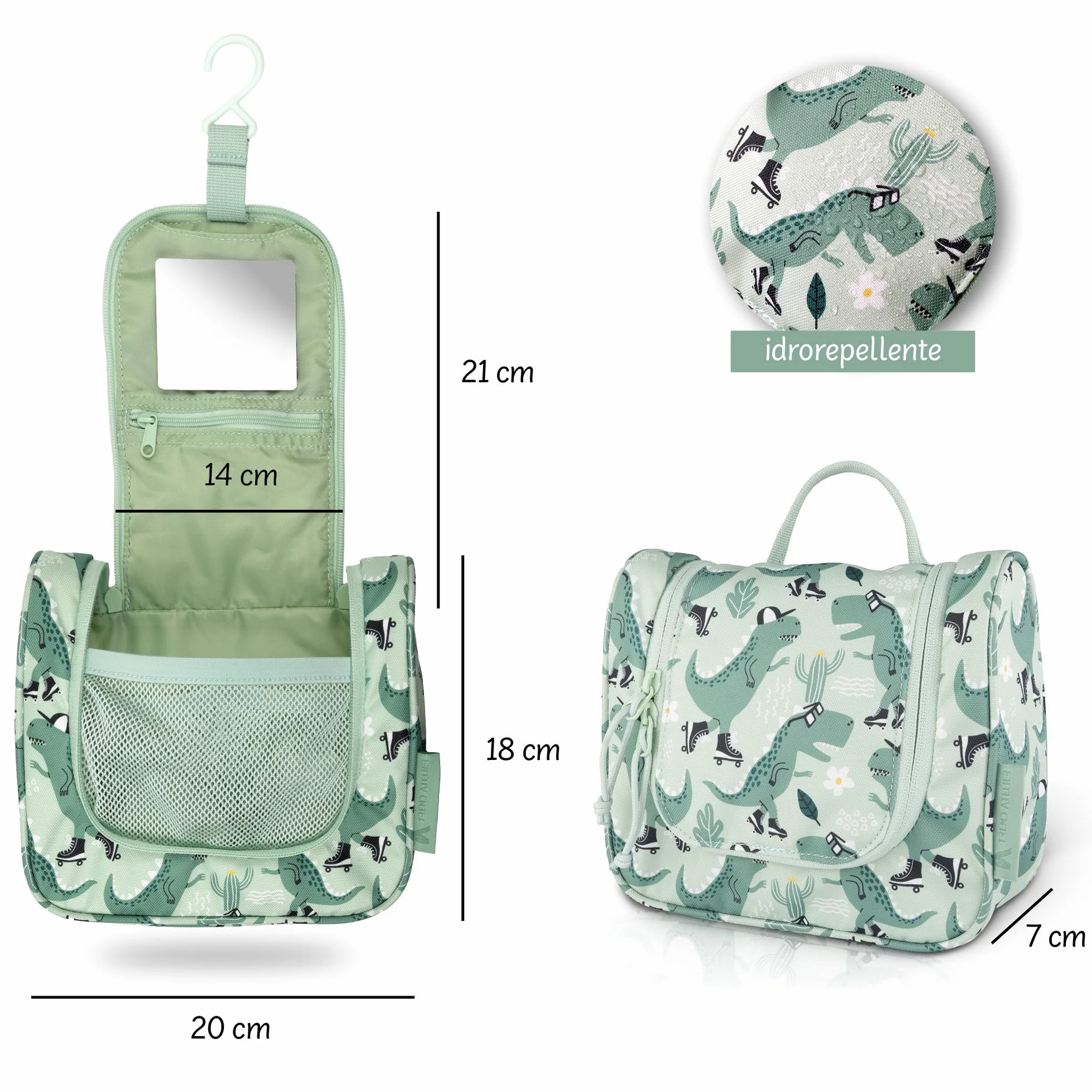 Beauty case bambino appendere trousse toilette sostenibile poliestere riciclato idrorepellente specchio scomparti Dinosauro Verde