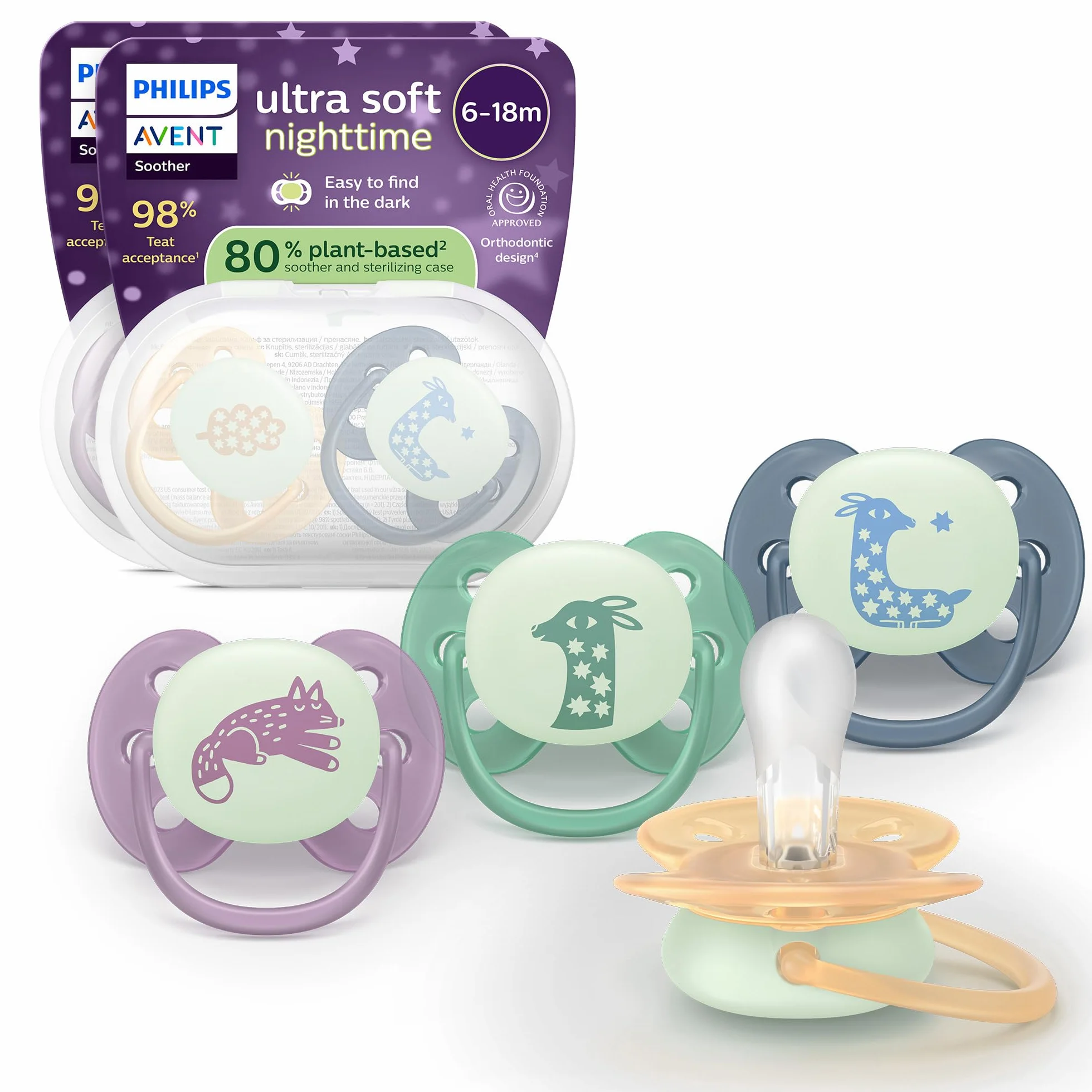 Philips Avent Ciucci Ultra Soft Nighttime Design ortodontico 6-18 mesi illuminano al buio silicone no BPA 4 pezzi