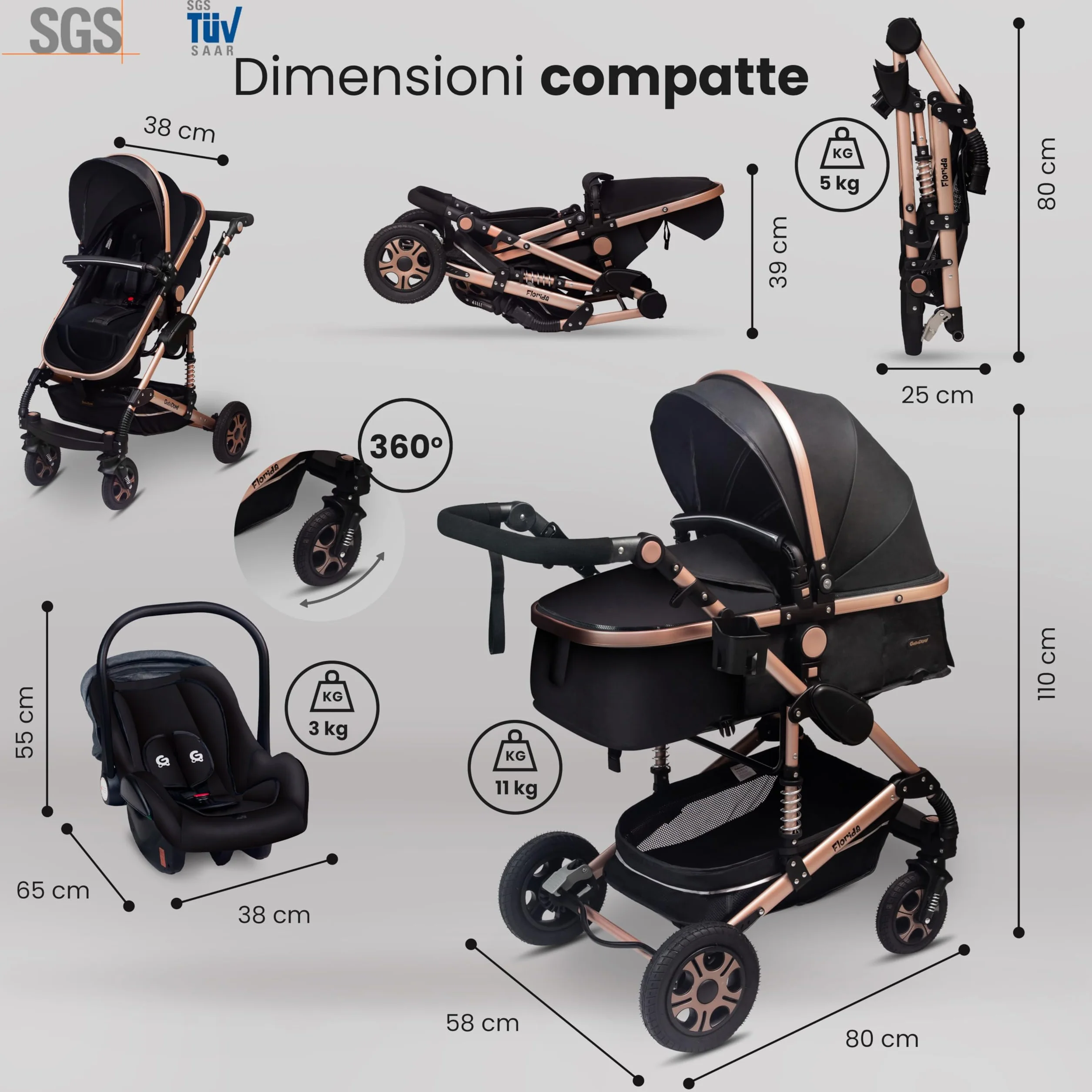 GaGaDumi Florida 3 in 1 Passeggino Trio, Carrozzina, Seggiolino Auto, Pieghevole, 0-36 mesi, Nero/Oro