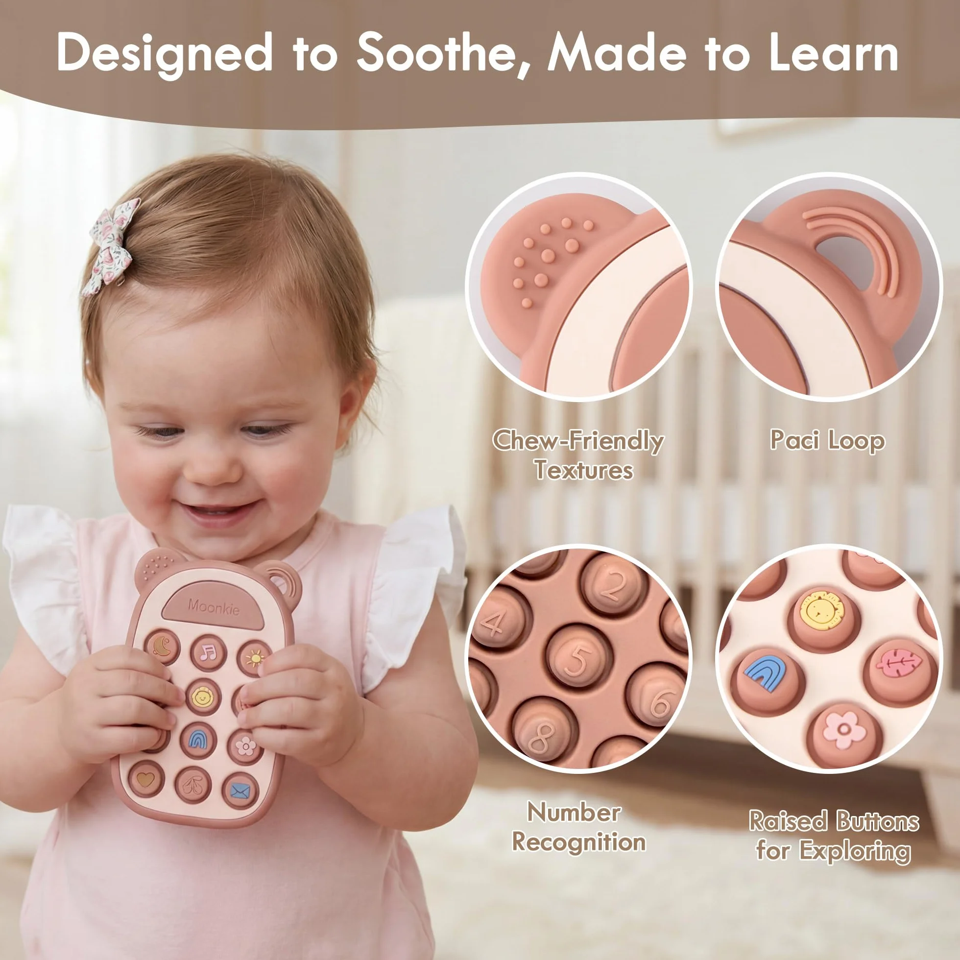 Moonkie Giochi Dentizione Neonato, Telefono in Silicone per 3 Mesi+, Senza BPA, Giochi Montessori, Blush