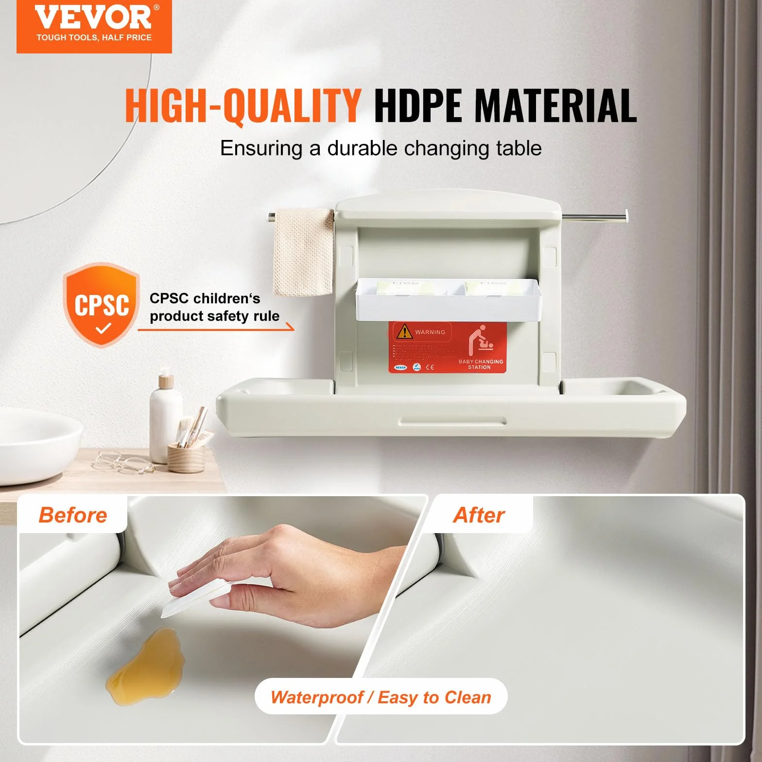 VEVOR Fasciatoio a Parete Richiudibile 20 kg 860x565x500mm Plastica HDPE per Neonati
