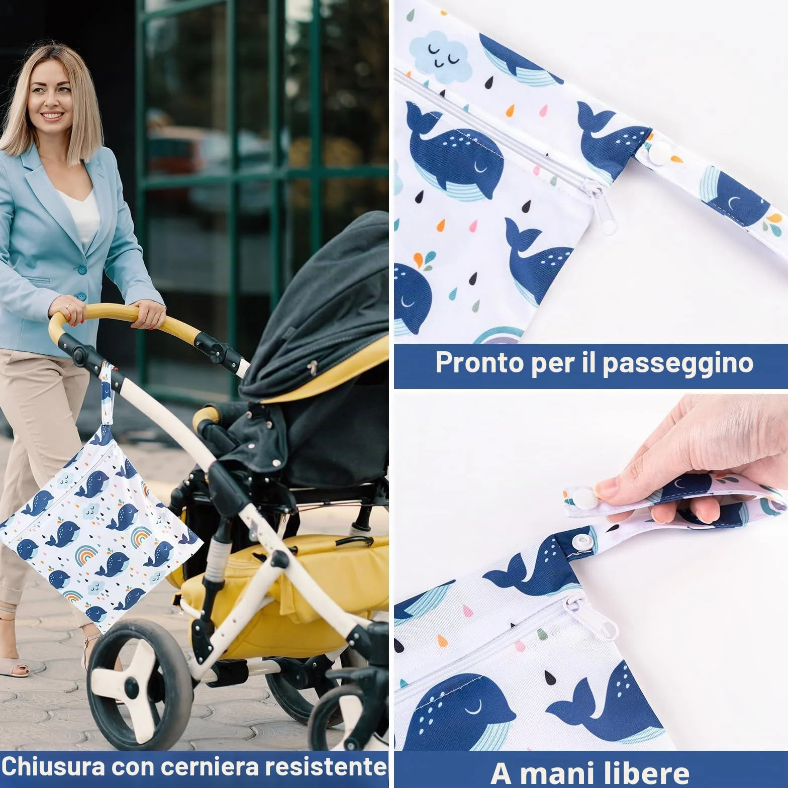 Wetbag per asilo borsa pannolini bagnata asciutta con chiusura lampo 3 pezzi