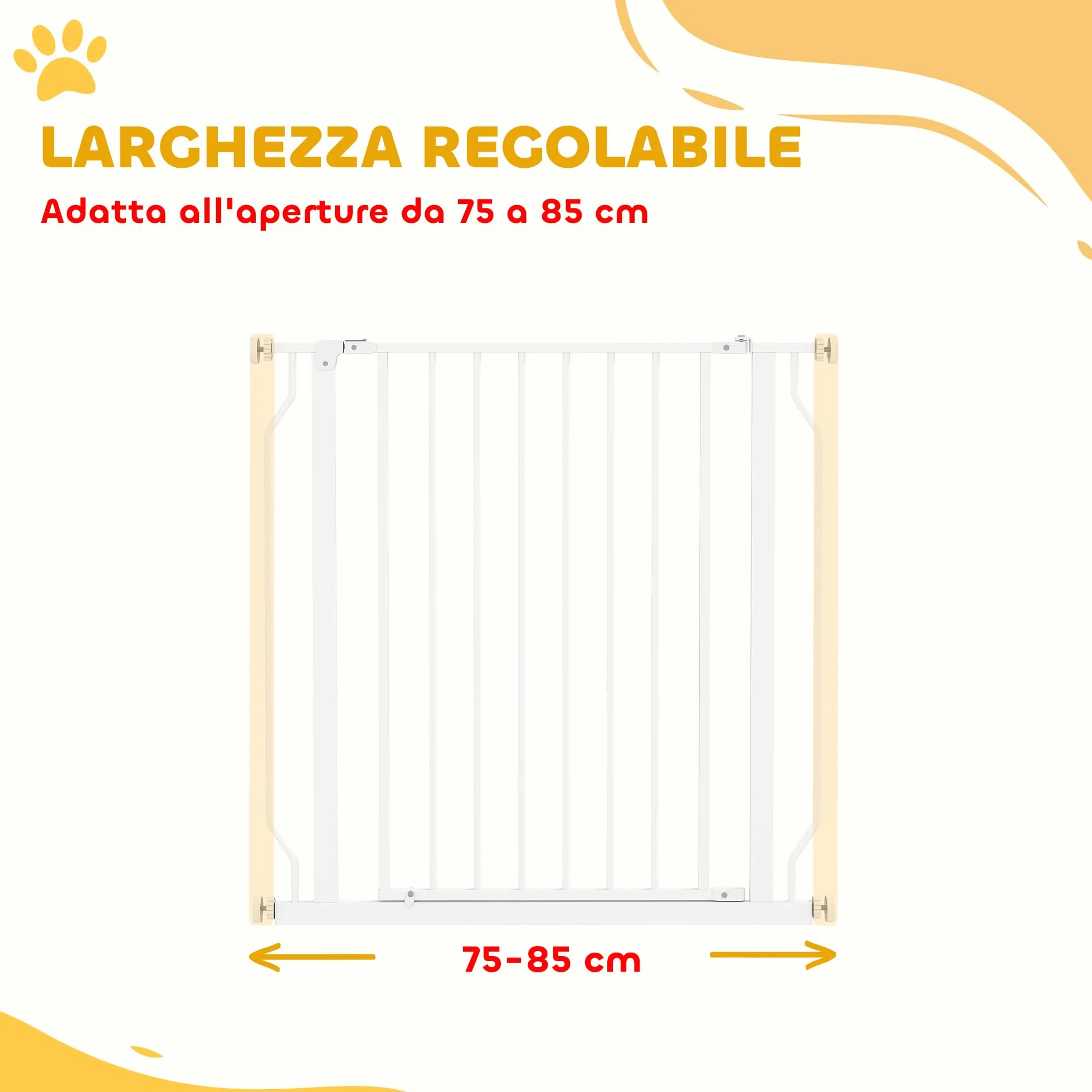 PawHut Cancelletto di Sicurezza per Cani Estensibile 75-85 cm, Cancellino Alto 76 cm, Fissaggio a Pressione, Bianco